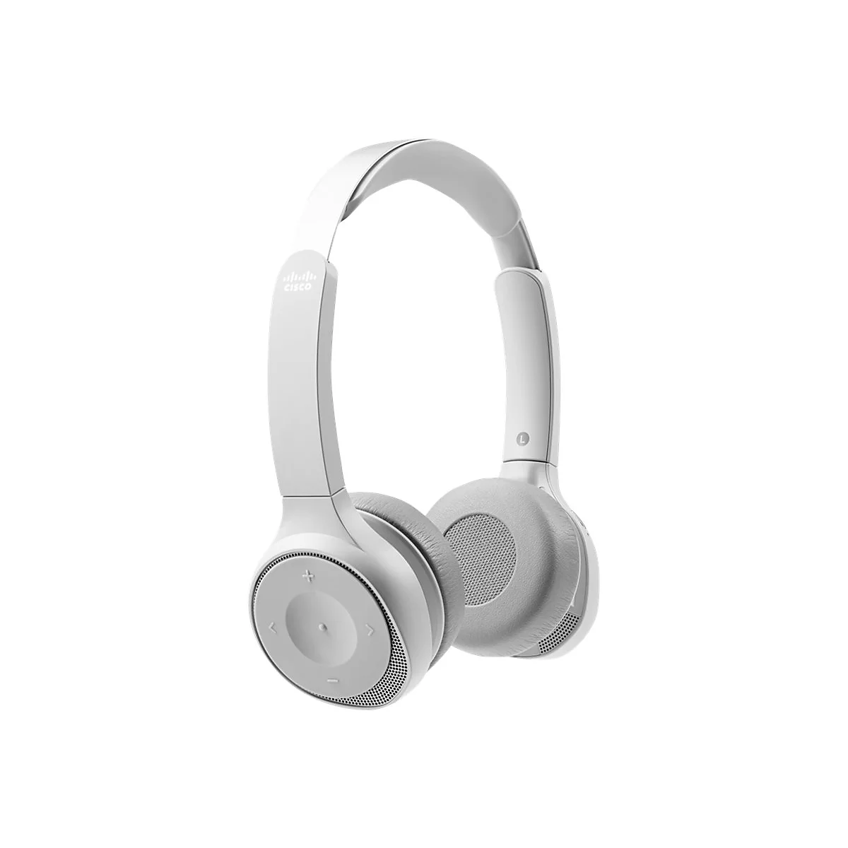 Casque gris clair sur fond blanc, logo Cisco.