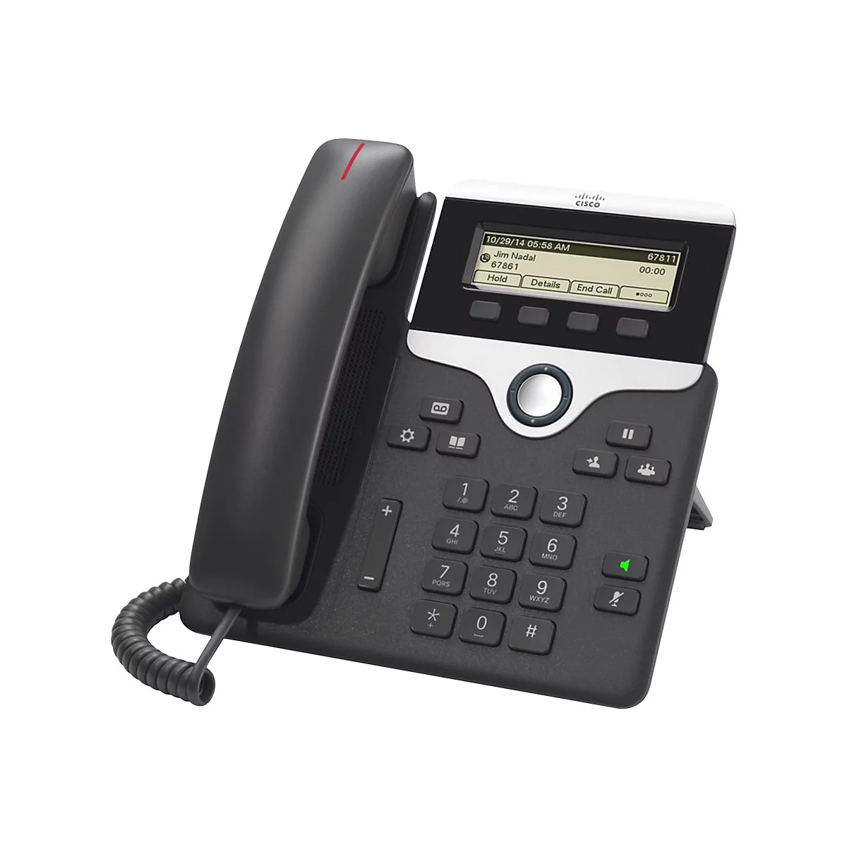 Téléphone fixe Cisco noir avec écran, clavier et combiné. L'écran affiche la date, l'heure, le nom et le numéro de téléphone.