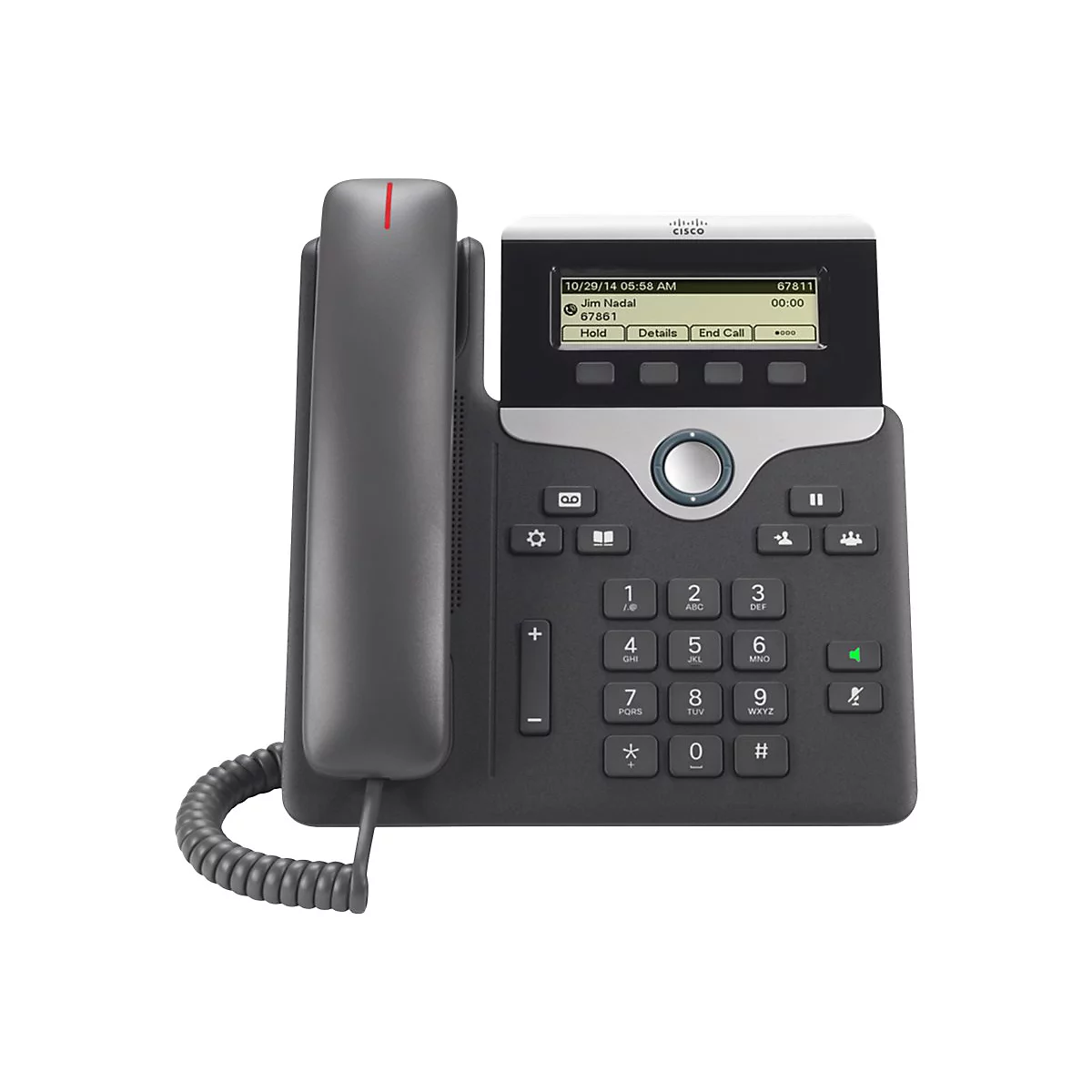 Téléphone de bureau Cisco gris avec écran, clavier et combiné. L'écran affiche la date, l'heure, le nom et le numéro.