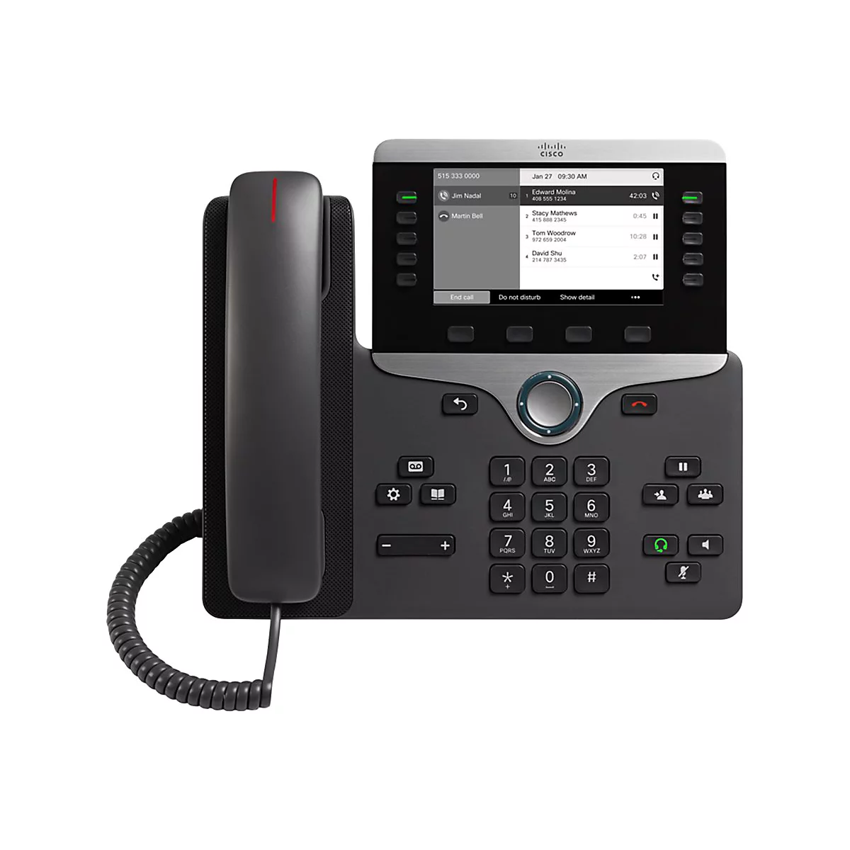 Un téléphone de bureau Cisco gris avec un écran et des touches numériques, l'écran affiche les informations de contact.