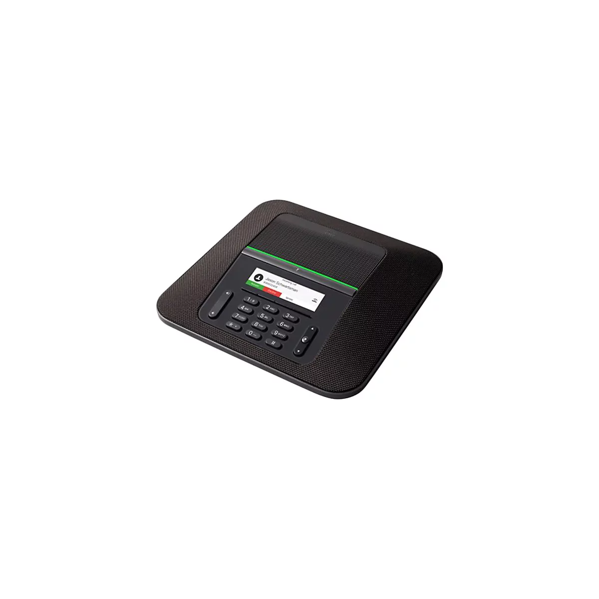 Téléphone de conférence noir. Appel de Jason Schwartzman à l'écran. Le téléphone s'allume en vert.