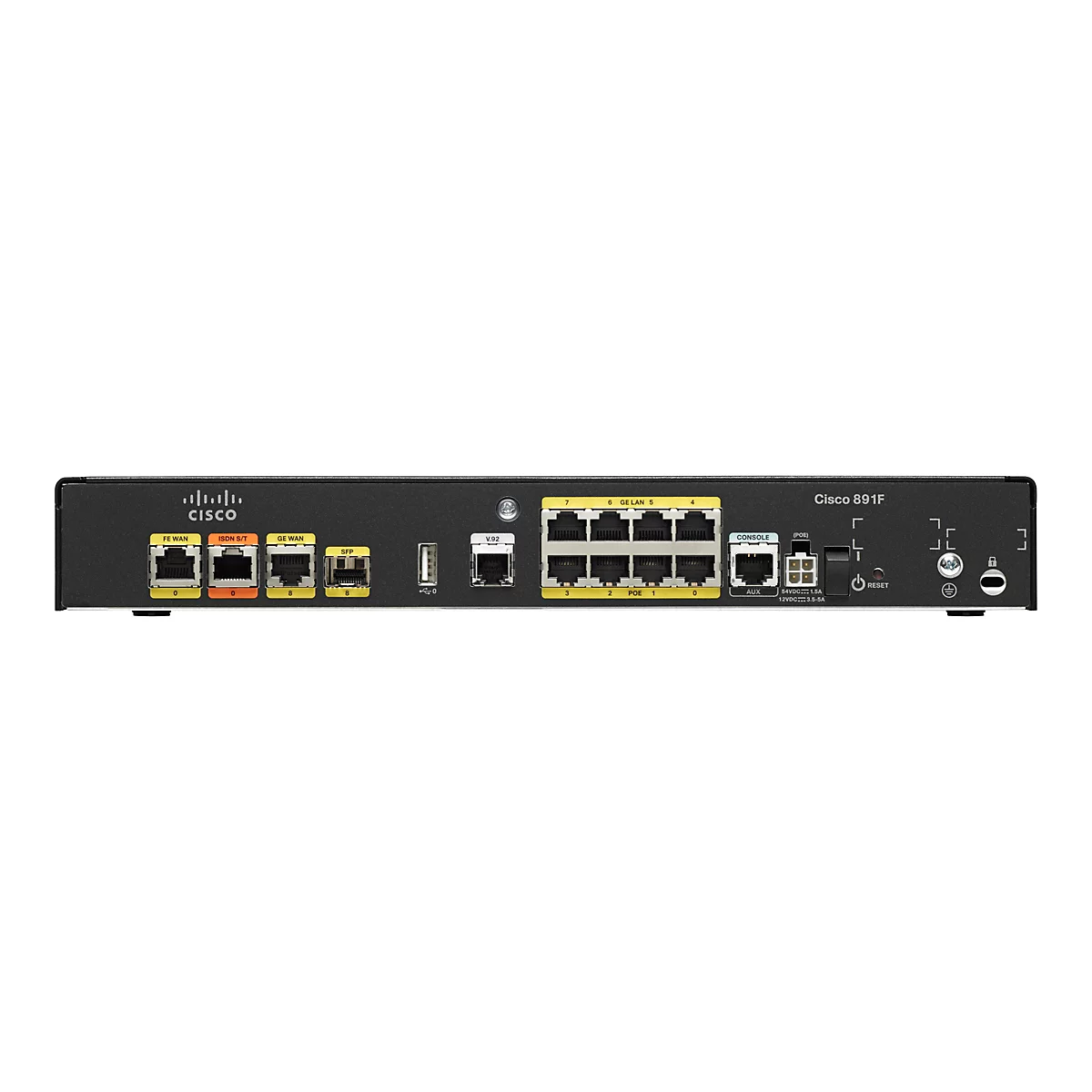 Ein schwarzer Cisco Router, mit mehreren Anschlüssen, Beschriftungen und Knöpfen. Auf der linken Seite befinden sich WAN- und SFP-Anschlüsse. Auf der rechten Seite befinden sich LAN-, Konsolen-, Reset- und Stromanschlüsse. Das Cisco-Logo ist prominent.