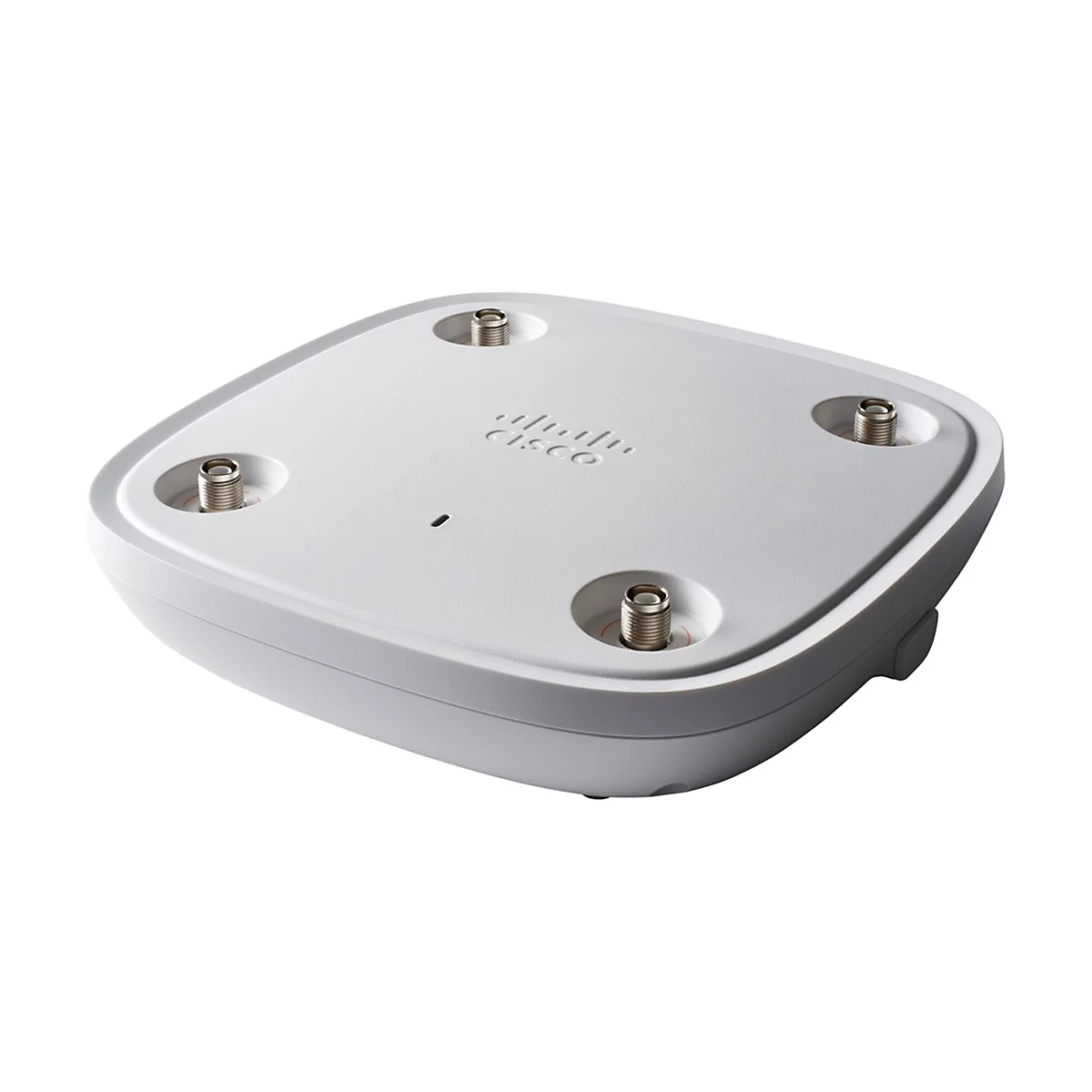 Un appareil Cisco blanc et carré avec quatre connecteurs à vis et le logo Cisco.
