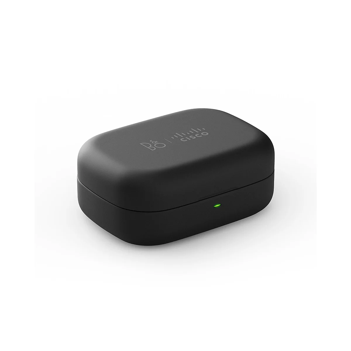Boîtier de chargement noir pour casque, logos B&O et Cisco, lumière verte.