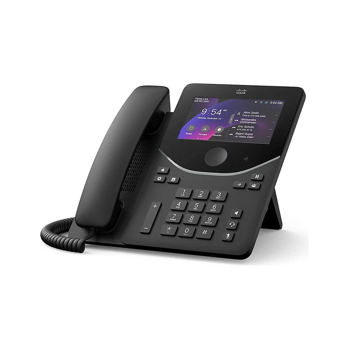 Téléphone de bureau noir avec écran, touches numériques et combiné. Sur l'écran : heure, liste d'appels, logo de l'entreprise.