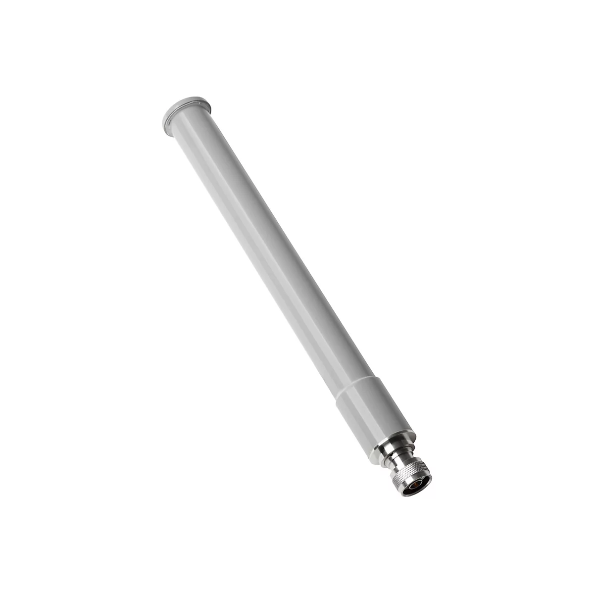 Antenne-tige grise, en biais de en bas à gauche vers en haut à droite, isolée sur fond blanc.