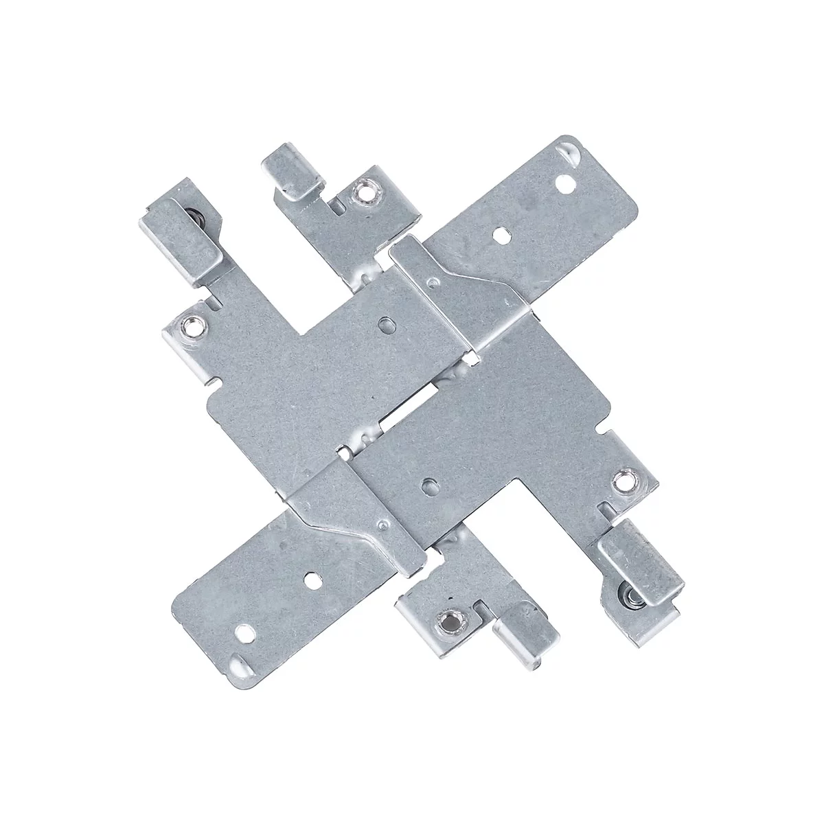 Support métallique avec des trous, sur fond blanc. Différents bras sont croisés et façonnés.