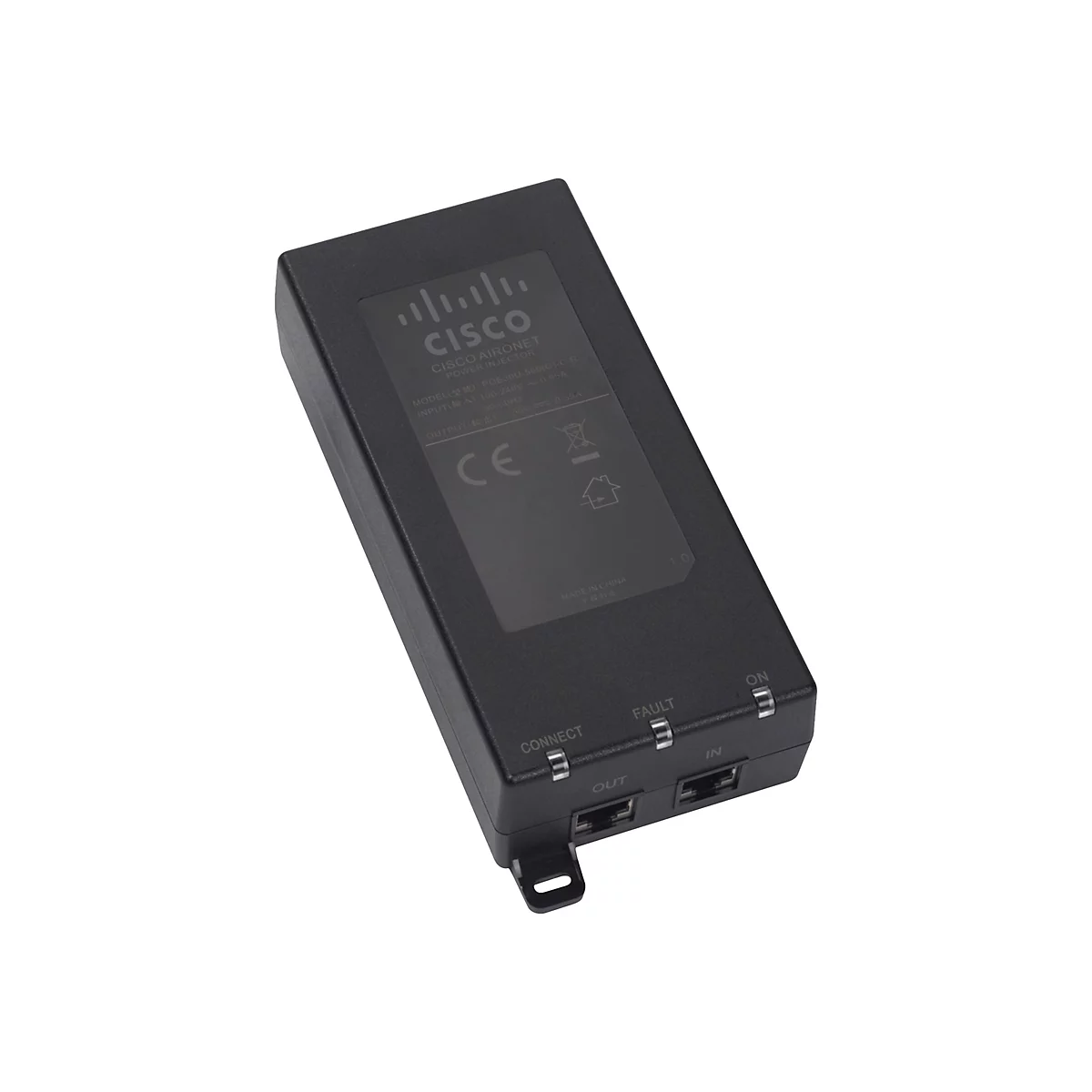 Un injecteur d'alimentation Cisco Airnet noir présenté en détail. Les étiquettes indiquent les connexions et les indicateurs de fonction.