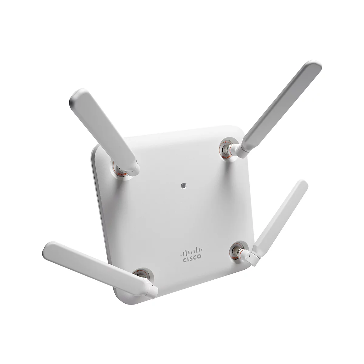 Draufsicht auf einen weißen Cisco WLAN-Router mit vier Antennen, "Dual Band" Text.