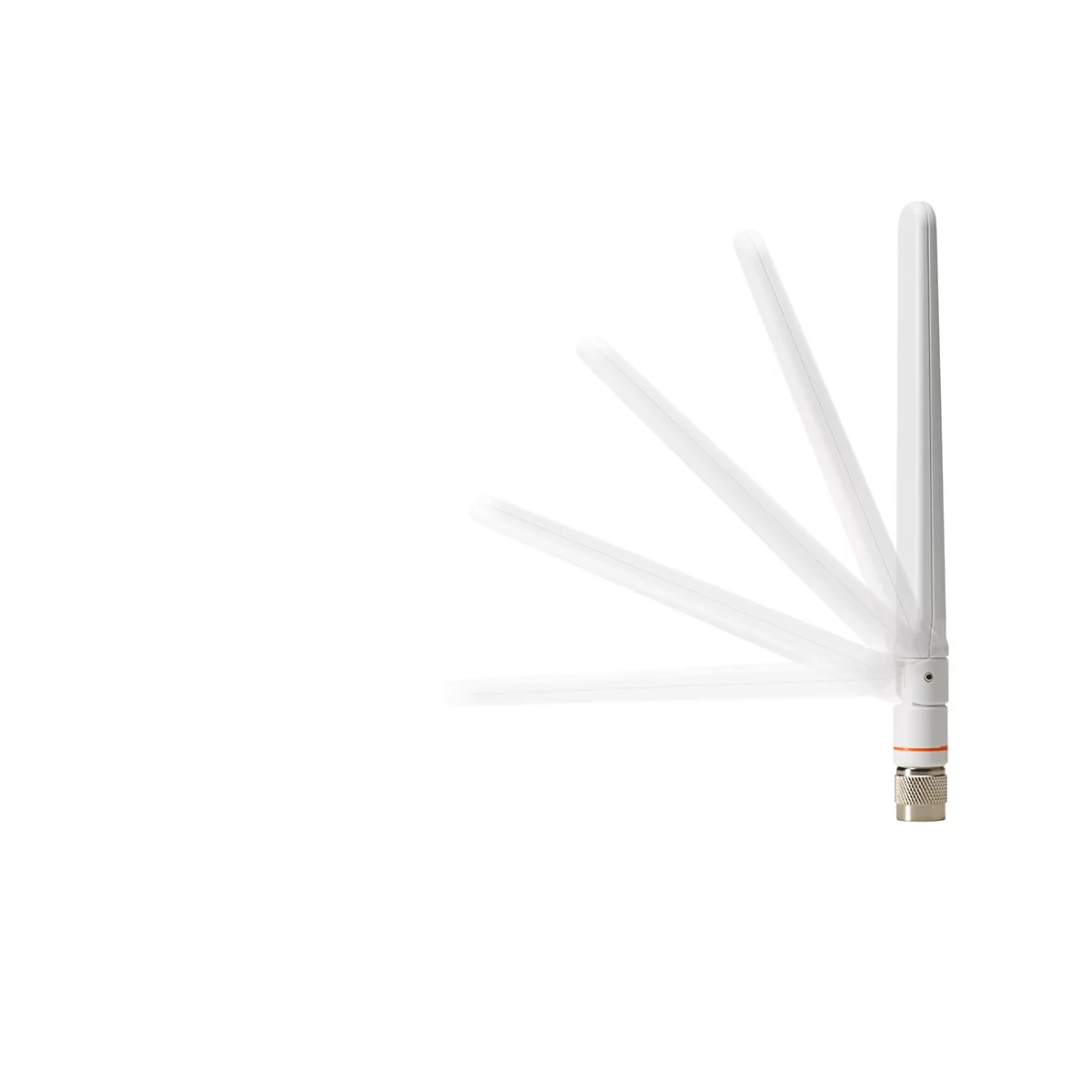 Ein weißes WLAN-Antennen-Set mit vier ausklappbaren Teilen, auf weißem Hintergrund.