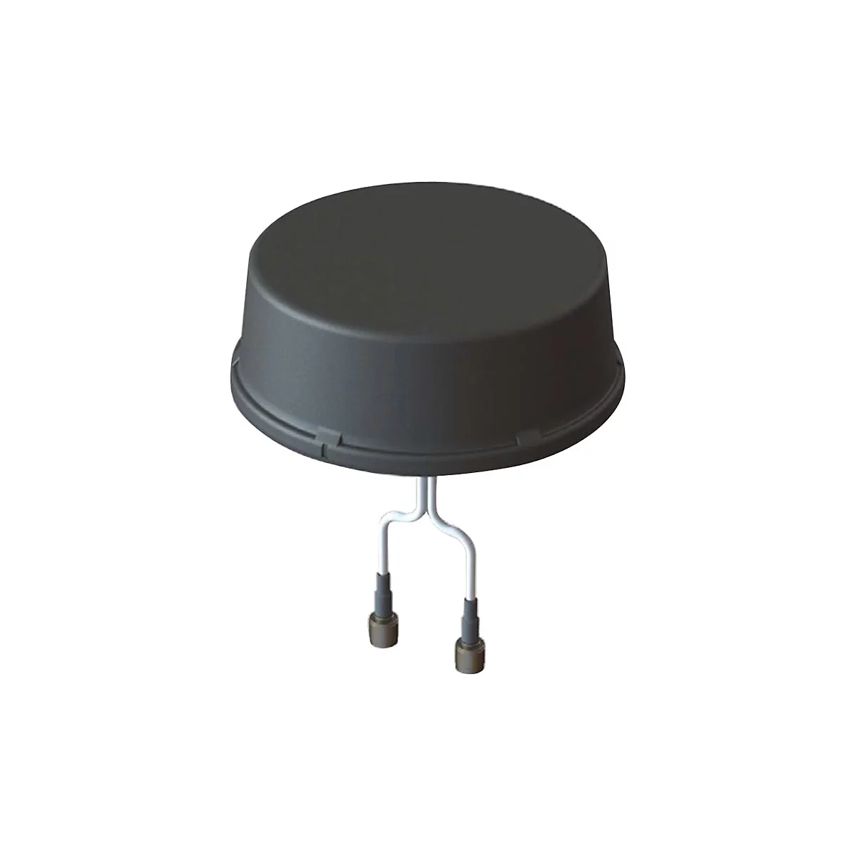 Dunkelgraues elektronisches Bauteil mit zwei Drähten. Runde, zylinderförmige Form, isoliert.