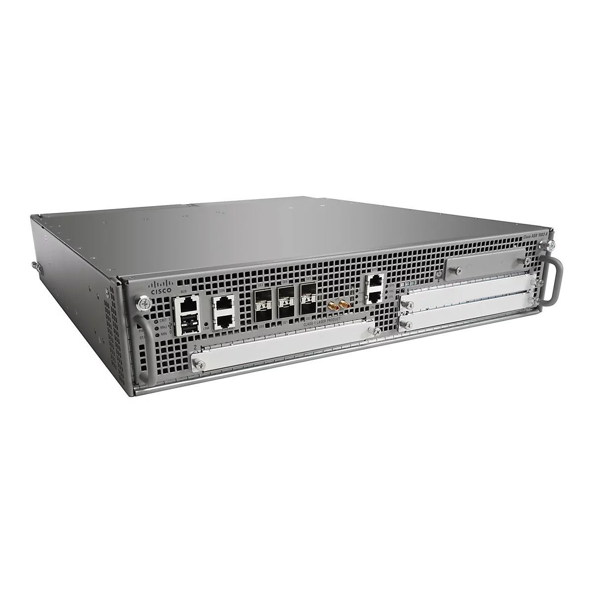 Ein grauer Cisco ASR 1002-X Router, Vorderseite mit Anschlüssen und Anzeigen, vor weißem Hintergrund.