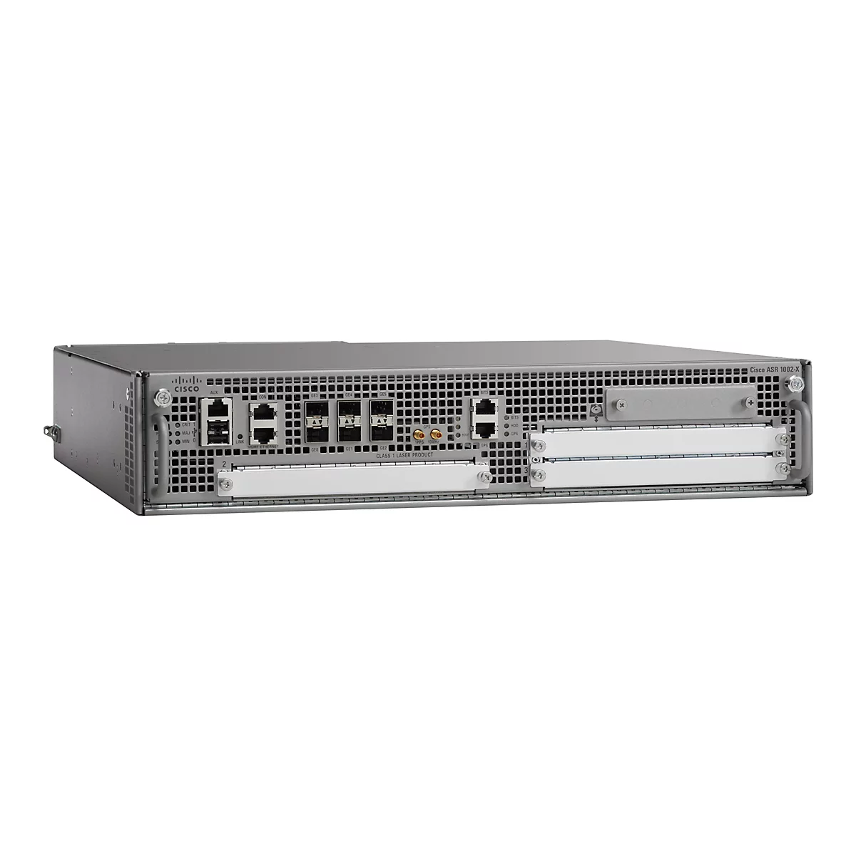 Ein graues Cisco ASR 1002-X-Netzwerkgerät mit verschiedenen Anschlüssen und Anzeigen.