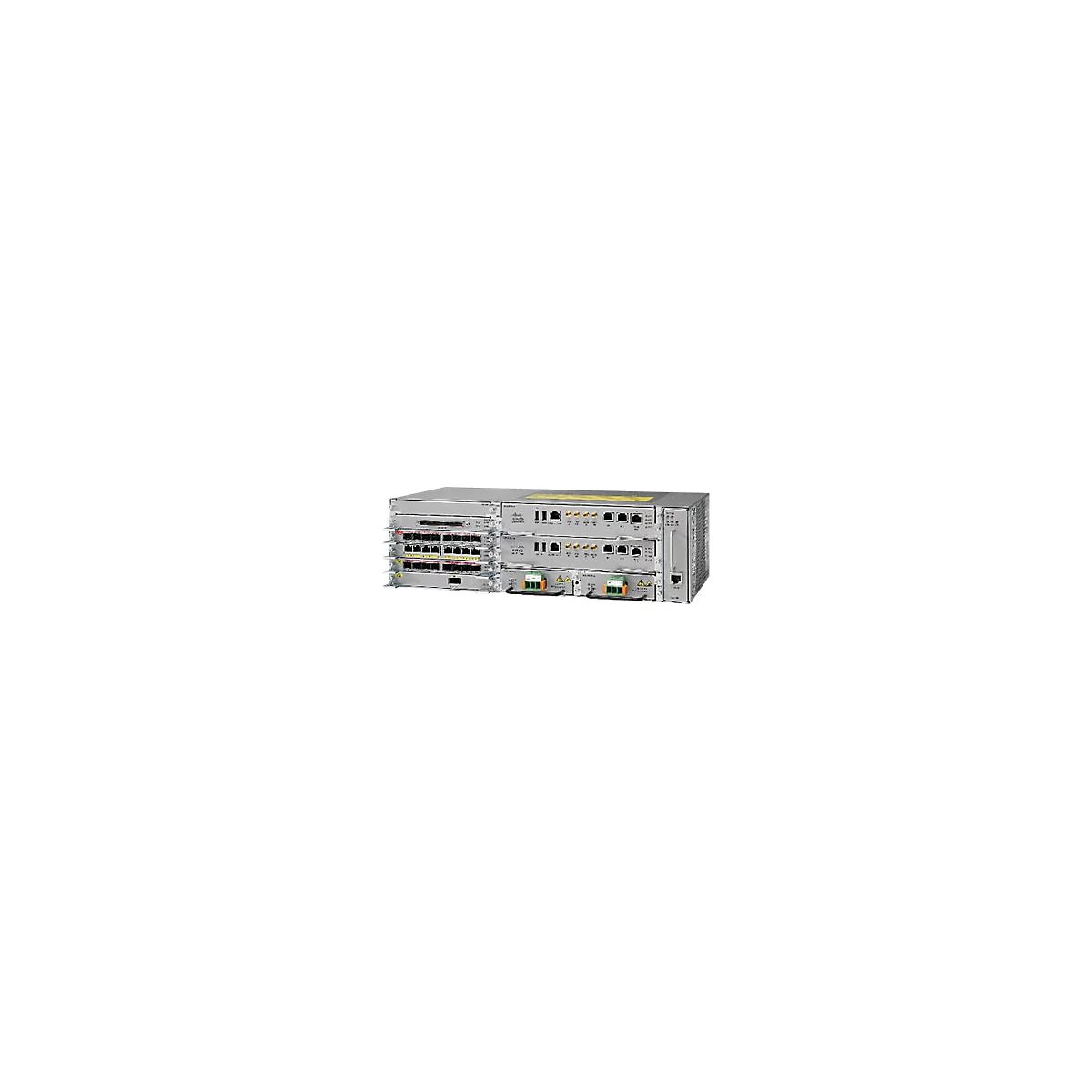 Cisco Netzwerk-Router mit mehreren Modulsteckplätzen und silbernem Gehäuse auf weißem Hintergrund.