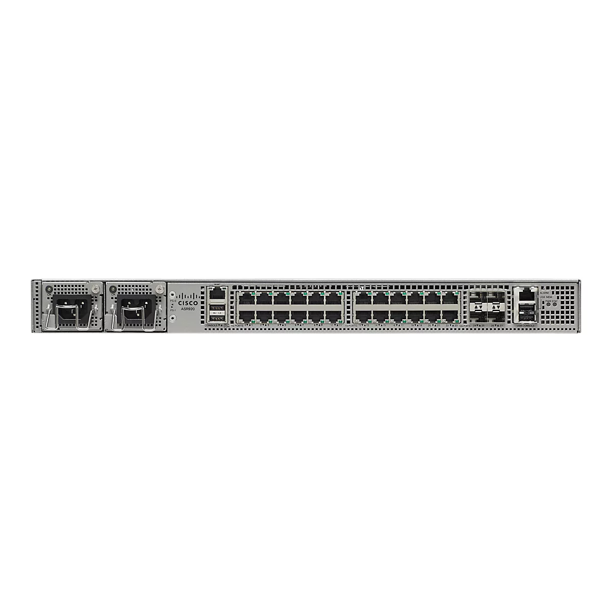 Frontansicht eines Cisco ASR 920 Netzwerk-Routers mit zahlreichen Anschlüssen und Netzteileinschüben.