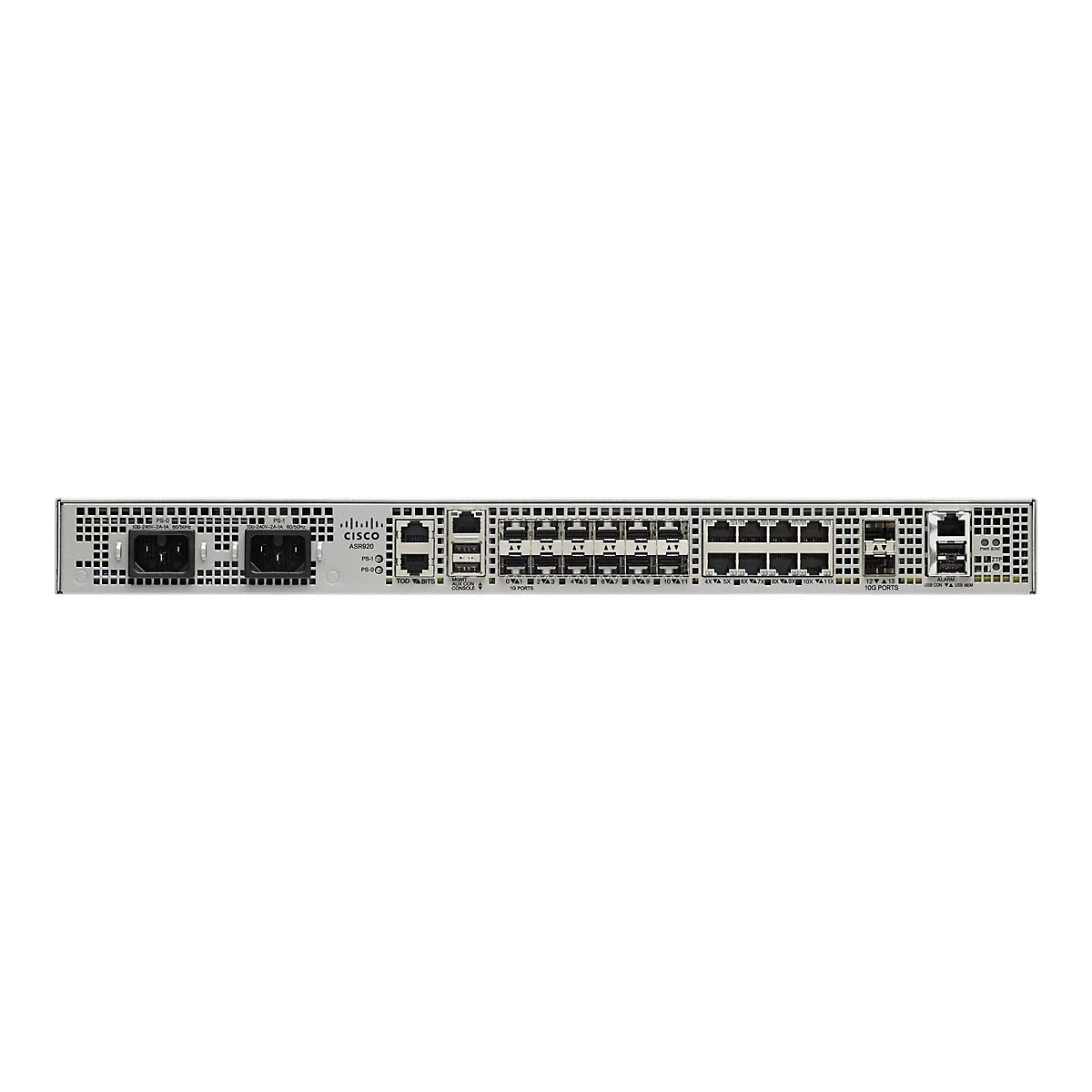 Rückansicht eines silbernen Cisco ASR920 Routers. Enthält Anschlüsse, Anschlüsse und Beschriftungen.