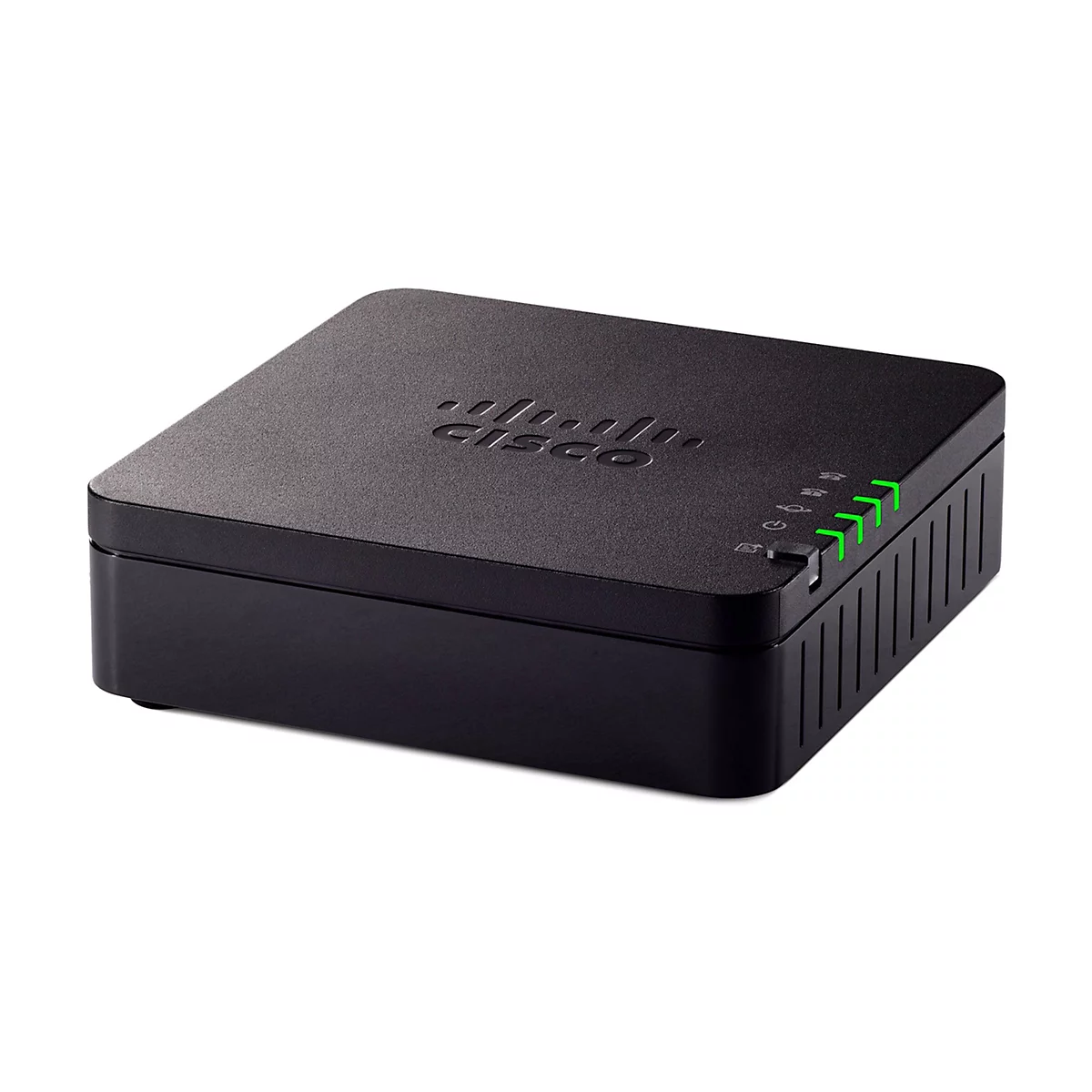 Ein schwarzes Cisco-Netzwerkgerät, rechteckig, mit grünen LEDs und dem Cisco-Logo.