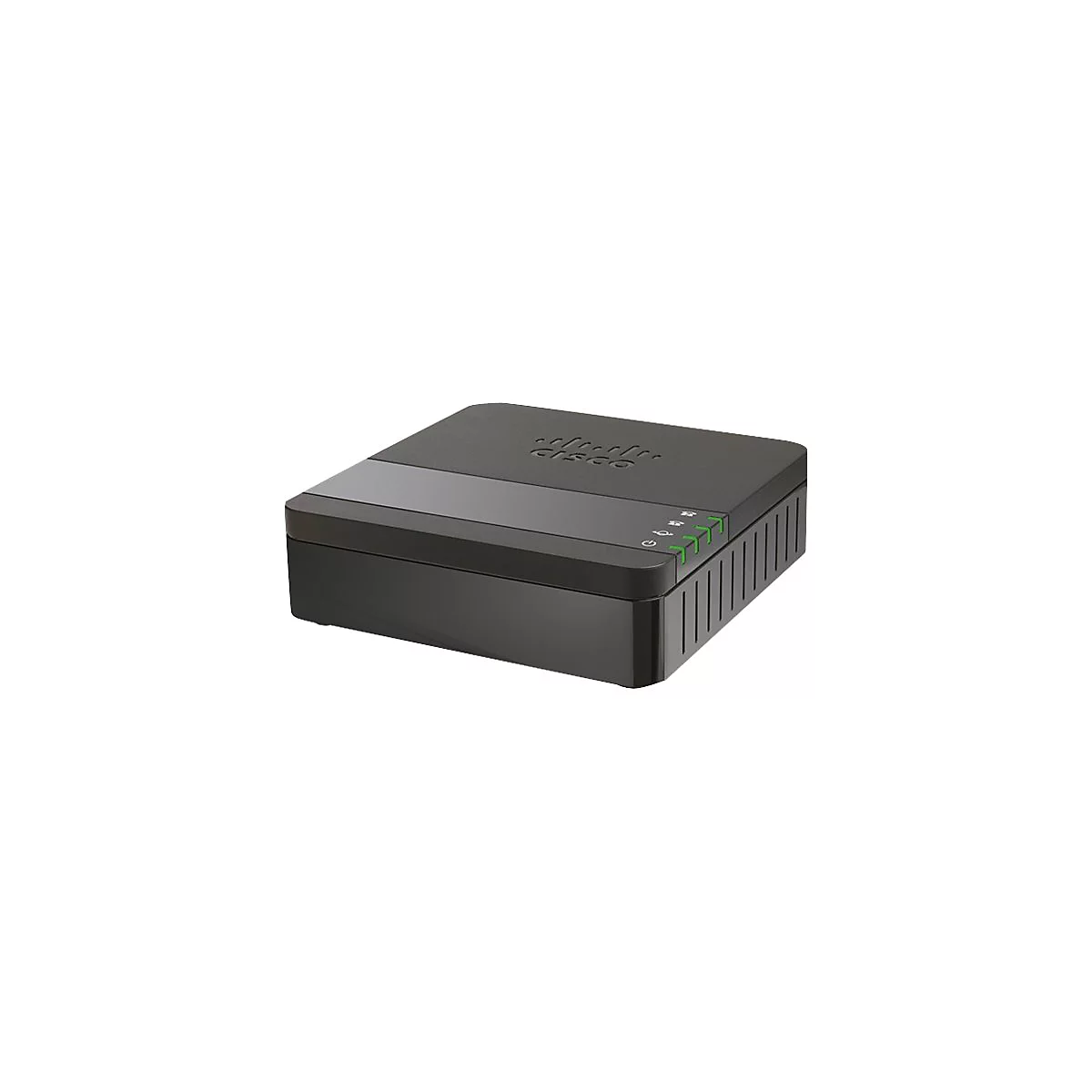 Routeur Cisco noir sur fond blanc. Cisco en haut. Voyants verts.
