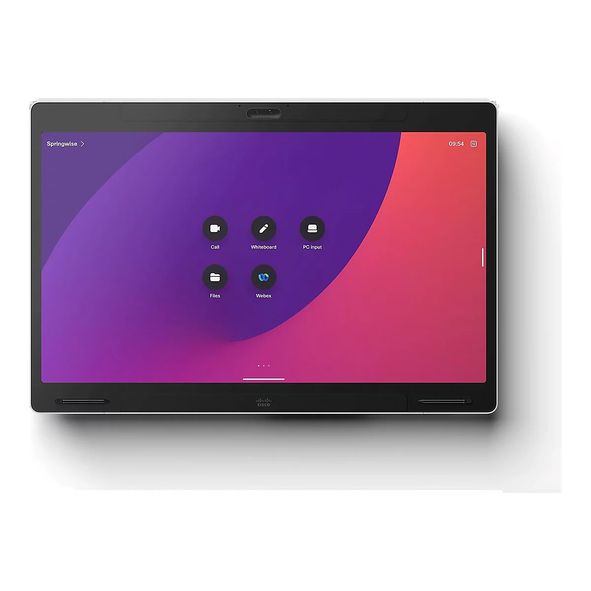 Tablette noire avec écran tactile, fond violet-rouge et icônes pour des fonctions telles que appel, tableau blanc, entrée PC, fichiers et Webex.