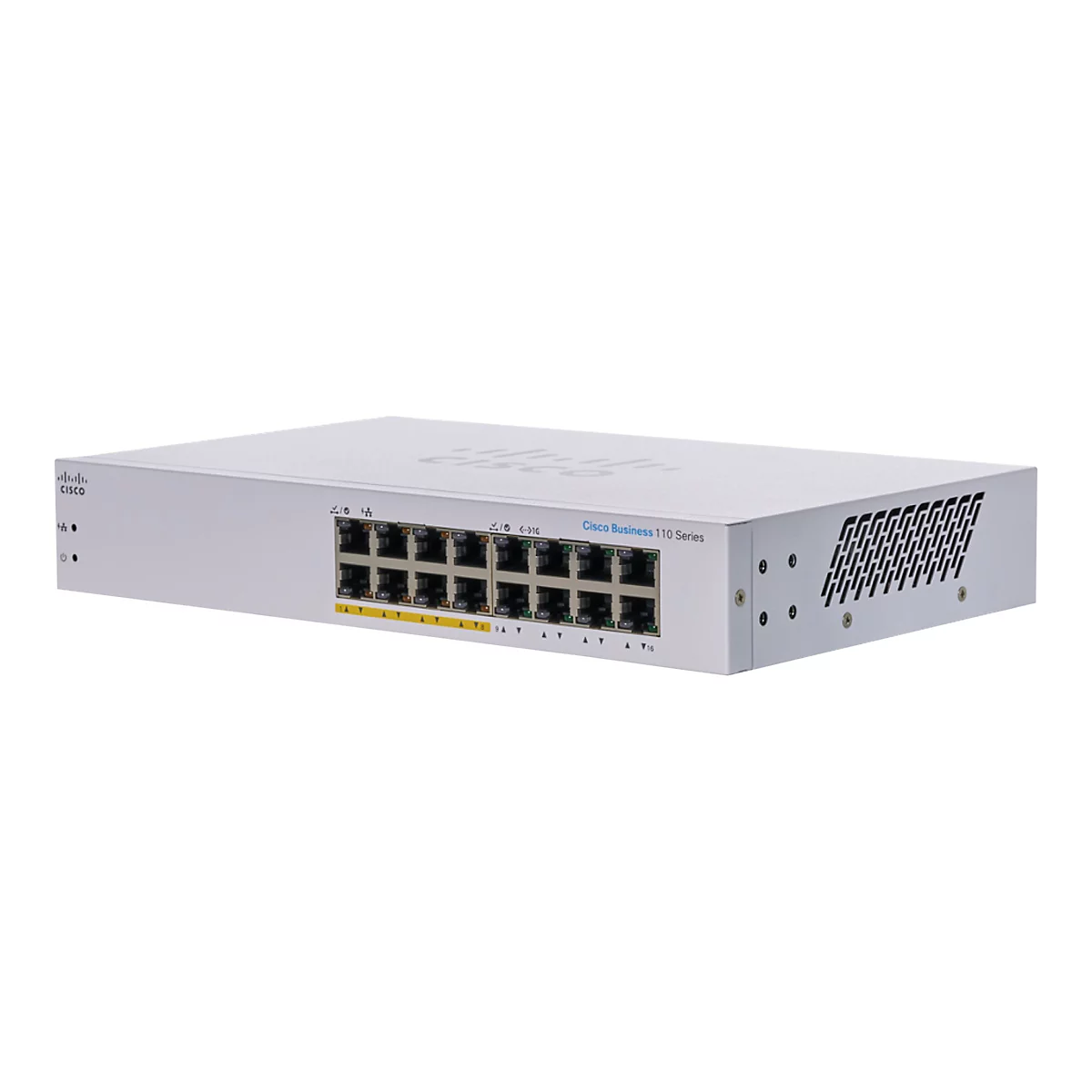 Ein weißer Cisco Business 110 Series Switch. Auf der Frontseite befinden sich 16 Ethernet-Ports. Das Gerät hat das Cisco-Logo auf der Oberseite.