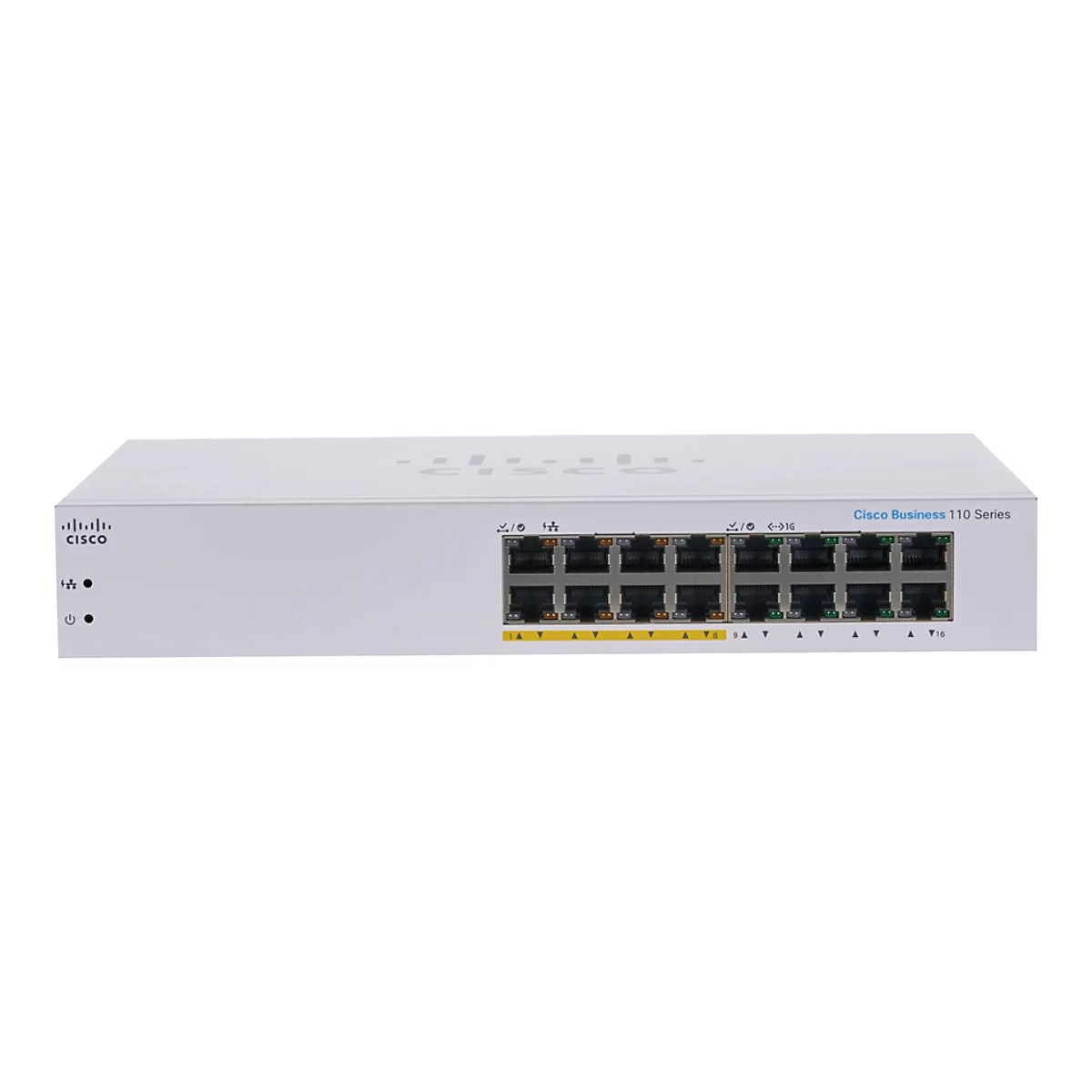 Ein weißes Cisco Business 110 Series Switch-Gerät. Auf der Vorderseite sind Anschlüsse und Kontrollleuchten zu sehen, das Cisco-Logo ist auch vorhanden.