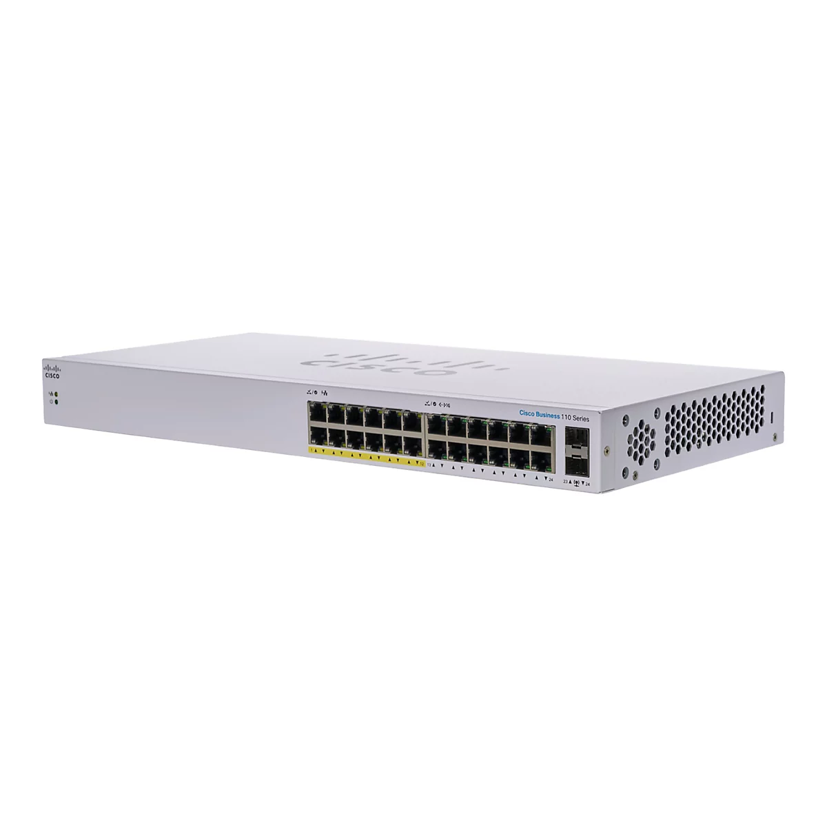 Ein silberner Cisco Business 110 Series Switch mit mehreren Anschlüssen. Links sind Kontrollleuchten, rechts Lüftungsschlitze.