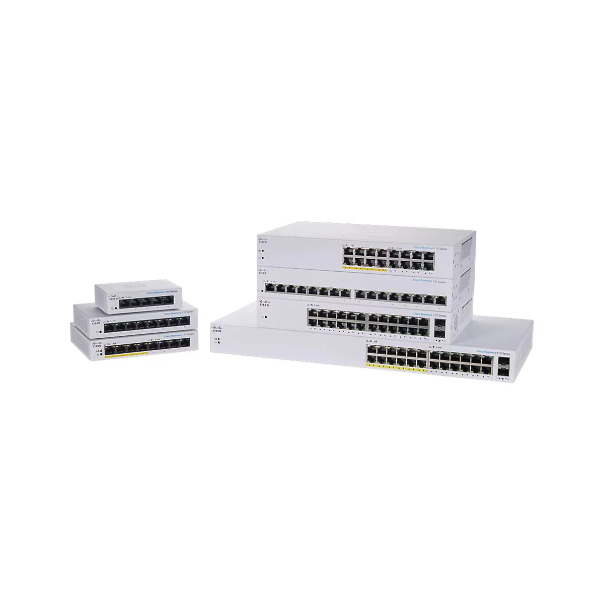 Mehrere weiße Cisco Business 110 Series Netzwerk-Switches in verschiedenen Größen, gestapelt vor weißem Hintergrund.