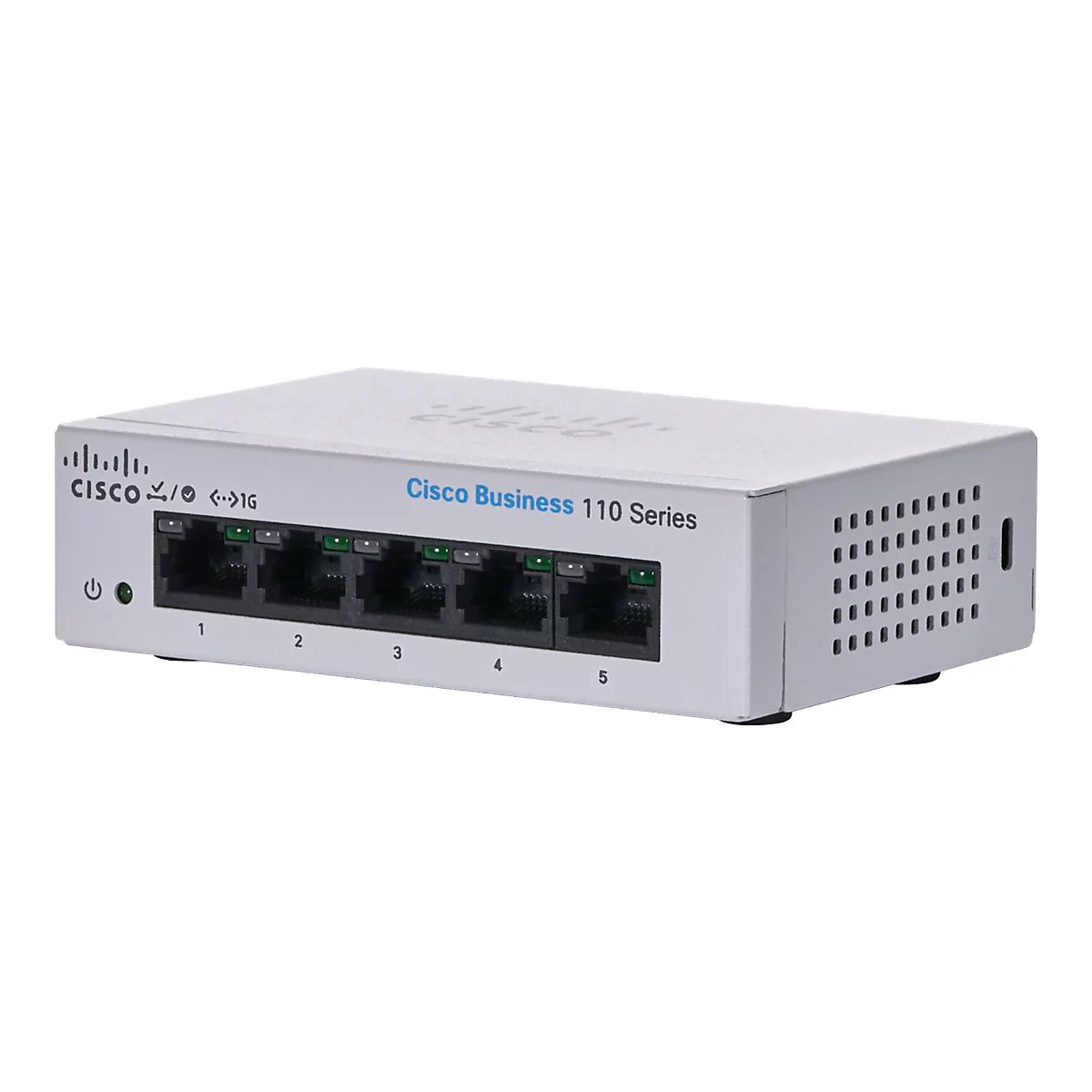 Grauer Cisco Business 110 Series Switch mit fünf Anschlüssen. Aufschrift: Cisco, 1G, 1, 2, 3, 4, 5.