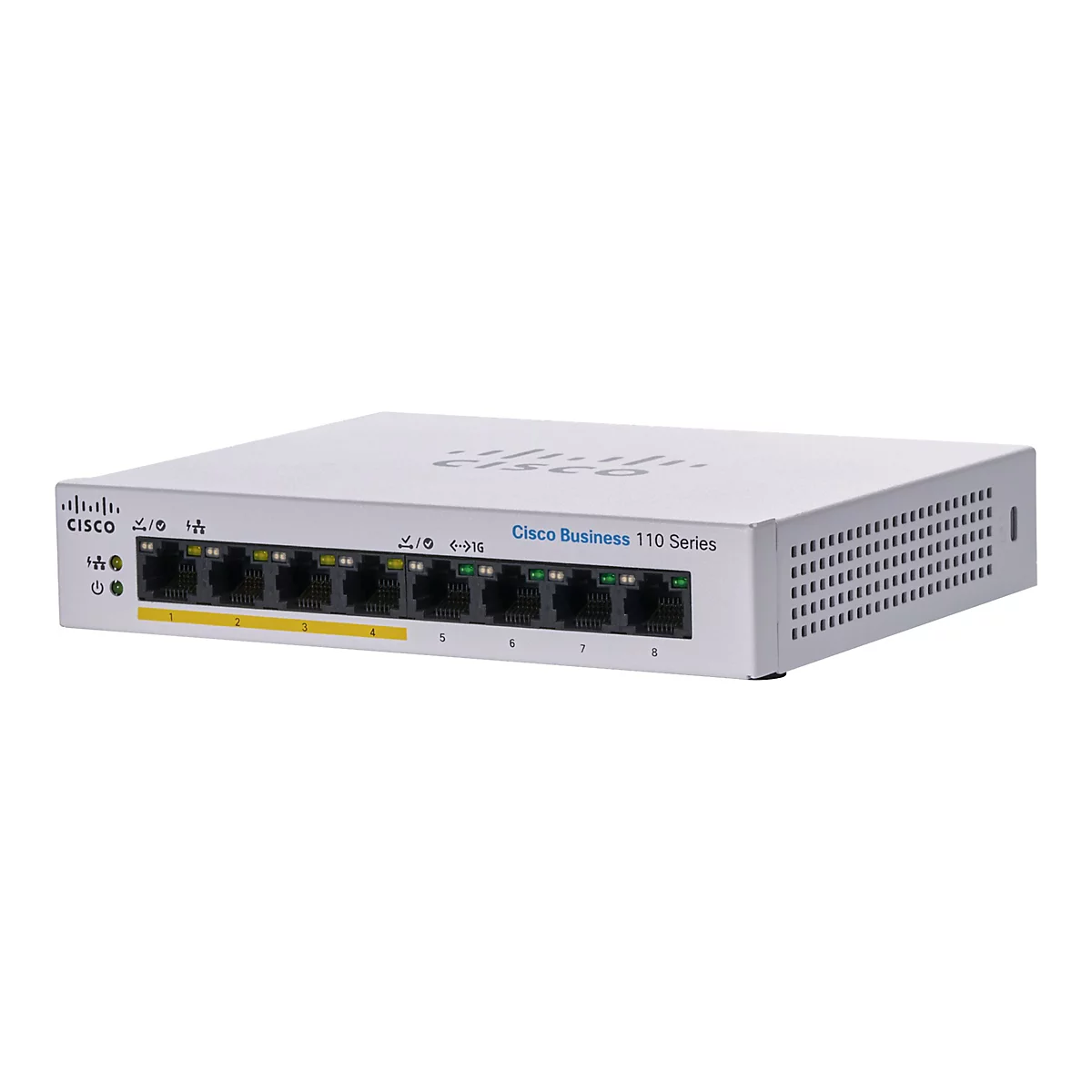 Ein silberfarbener Cisco Business 110 Series Switch. Auf der Vorderseite befinden sich 8 Ports mit gelben Nummern, darunter das Cisco-Logo und verschiedene Anzeigen.