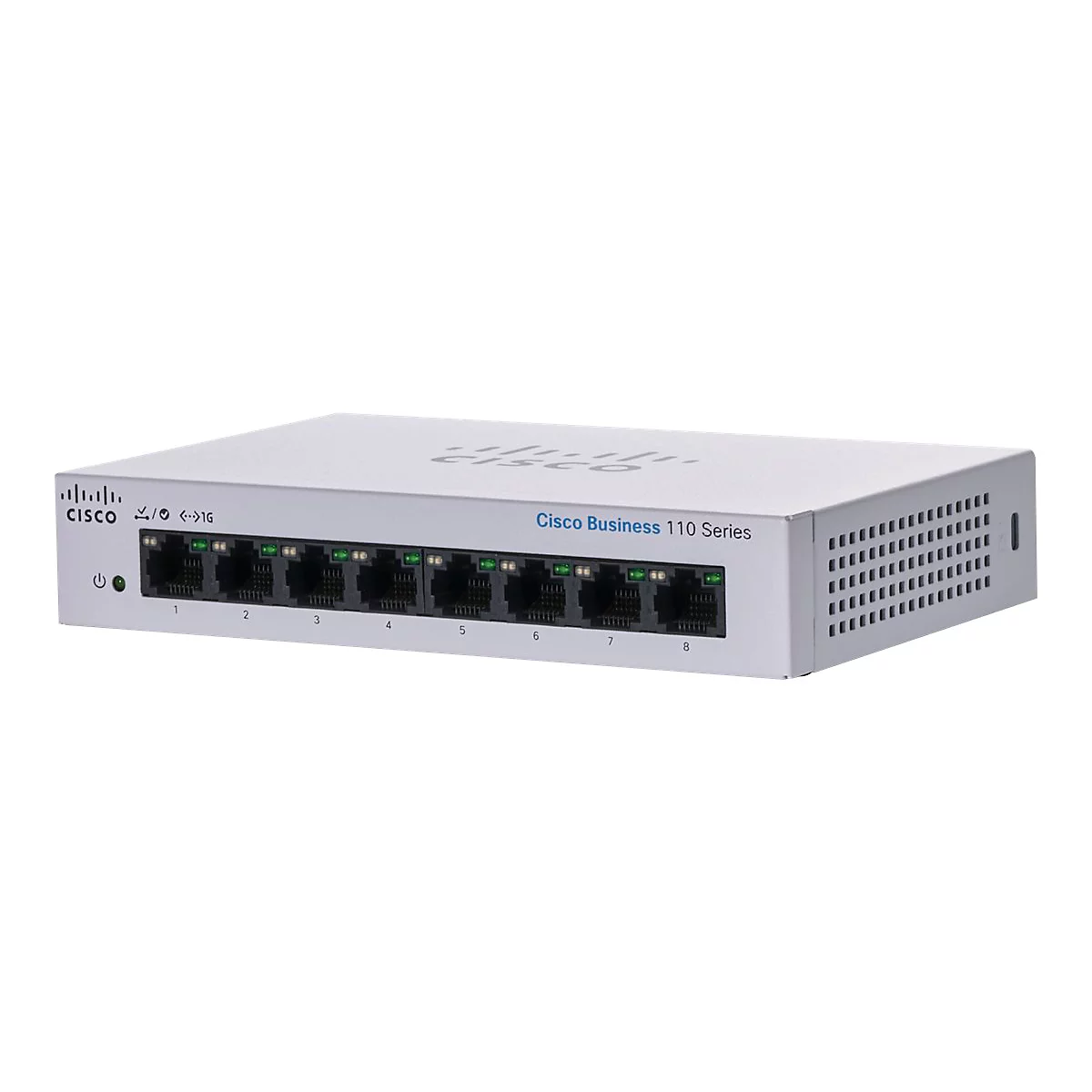 Ein grauer Cisco Business 110 Series Switch mit acht Anschlüssen. Aufschrift: Cisco und Cisco Business 110 Series.