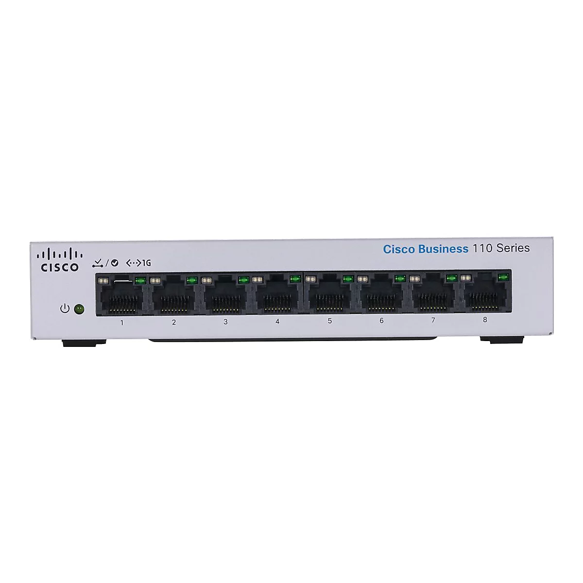 Ein grauer Cisco-Switch mit 8 Ports, beschriftet mit Zahlen. Aufschrift: Cisco Business 110 Series.