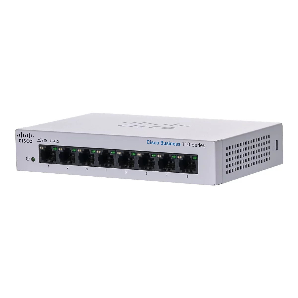 Ein silberner Cisco Business 110 Series Switch mit acht Anschlüssen. Der Switch ist mit Logos und Anschlussnummern beschriftet.
