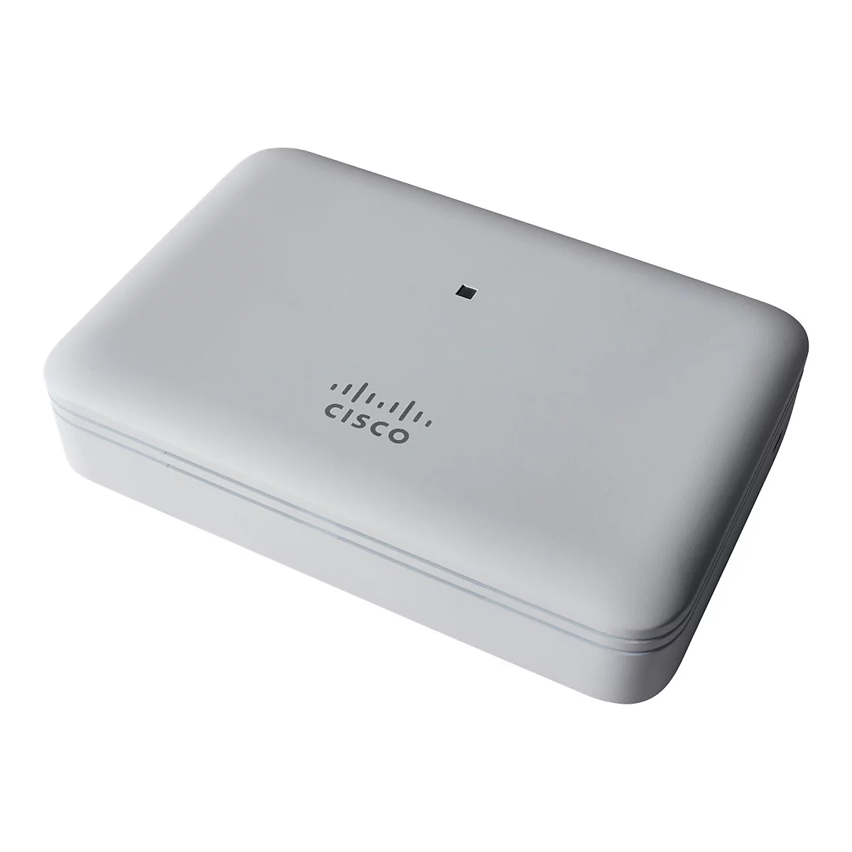 Grauer, rechteckiger Cisco-Router mit Logo und kleinem schwarzen Quadrat auf der Oberseite.