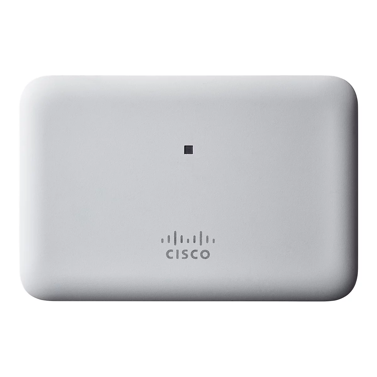 Rechteckiges, weiÃŸes GerÃ¤t mit Cisco-Logo, einem schwarzen Punkt und abgerundeten Kanten.