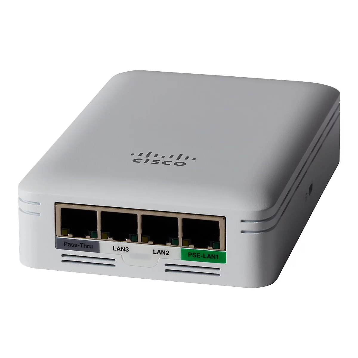 Grauer Cisco-Router mit Anschlüssen, Beschriftung: Pass-Thru, LAN3, LAN2, PSE-LAN1. Cisco-Logo oben.