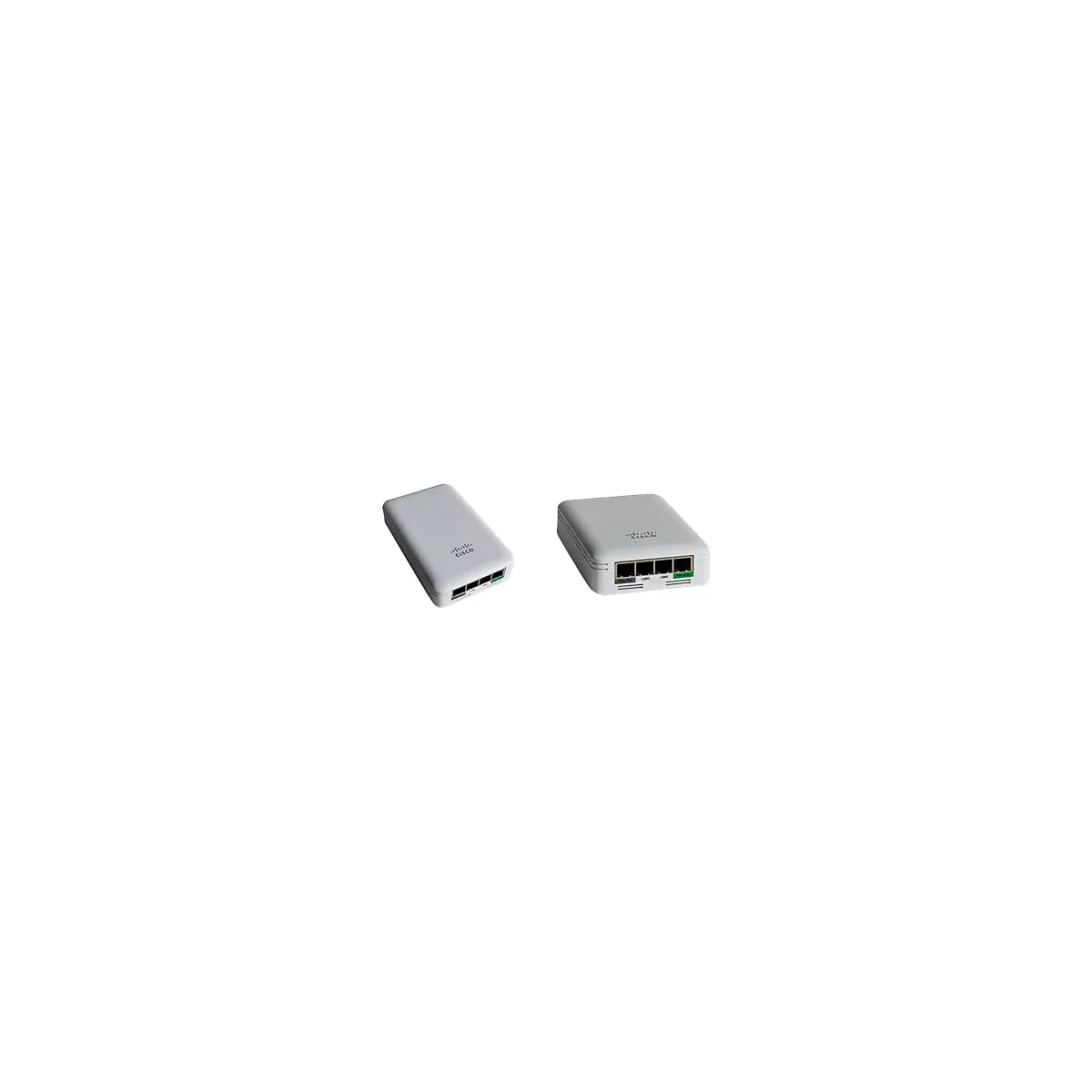 Zwei weiße Cisco-Router, einer schräg, einer mit Blick auf die Anschlüsse.