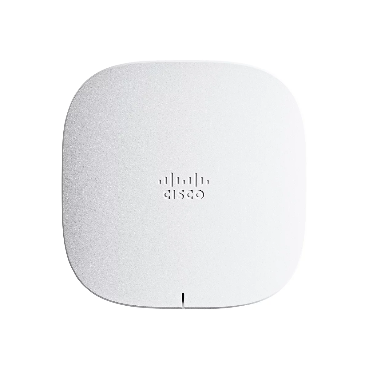Weißer, ovalförmiger Access Point mit Cisco-Logo und einem kleinen, schwarzen Strich.