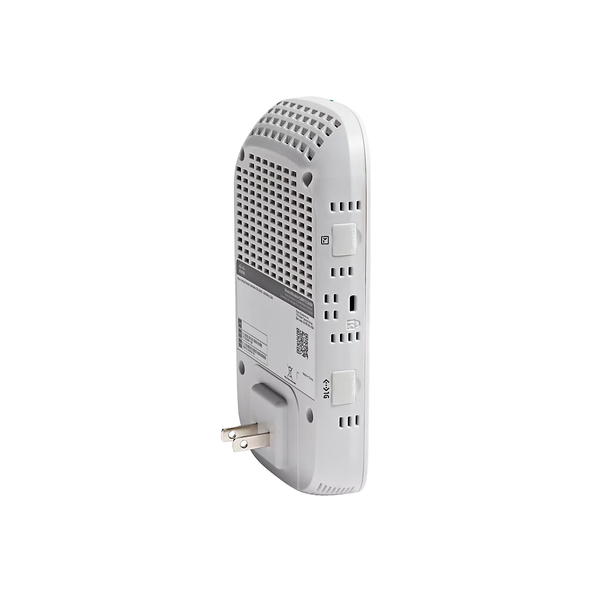 Ein weißer, rechteckiger Cisco-Mesh-Extender mit eingebautem Stecker, der im Winkel von links nach rechts abgebildet ist. Auf der Oberfläche befinden sich Tasten, Anschlüsse und Hinweise.