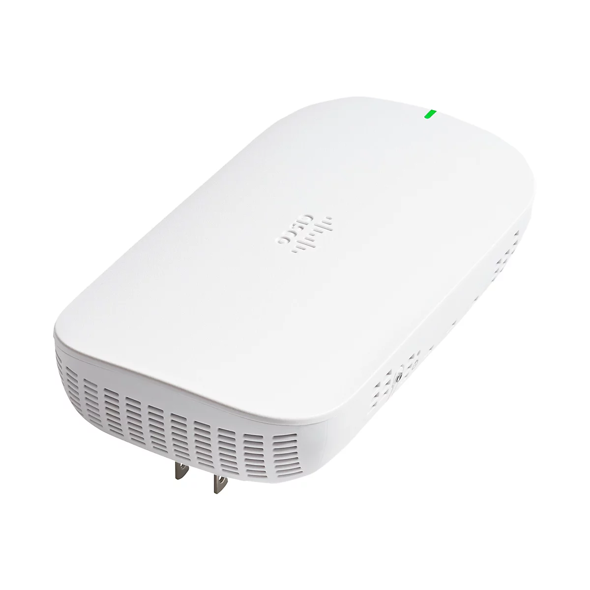Weißer Cisco-WLAN-Repeater mit grüner LED-Anzeige. Das Cisco-Logo ist auf der Oberseite eingeprägt.
