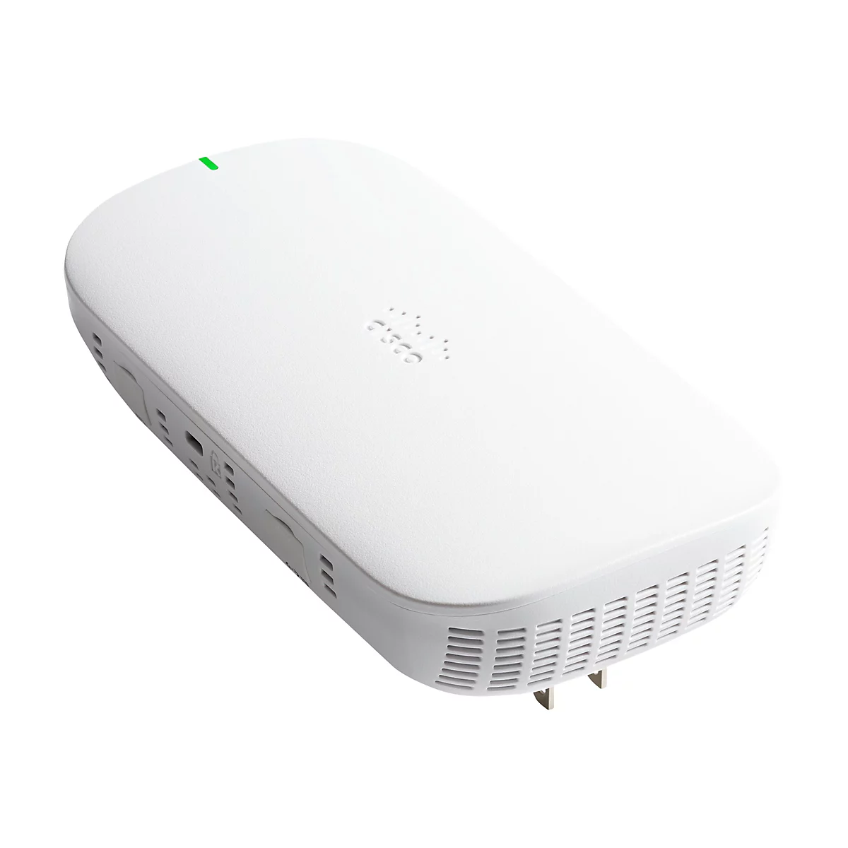 Ein weißes Cisco-Gerät mit grünem Indikator, Belüftungsschlitzen und dem Cisco-Logo.