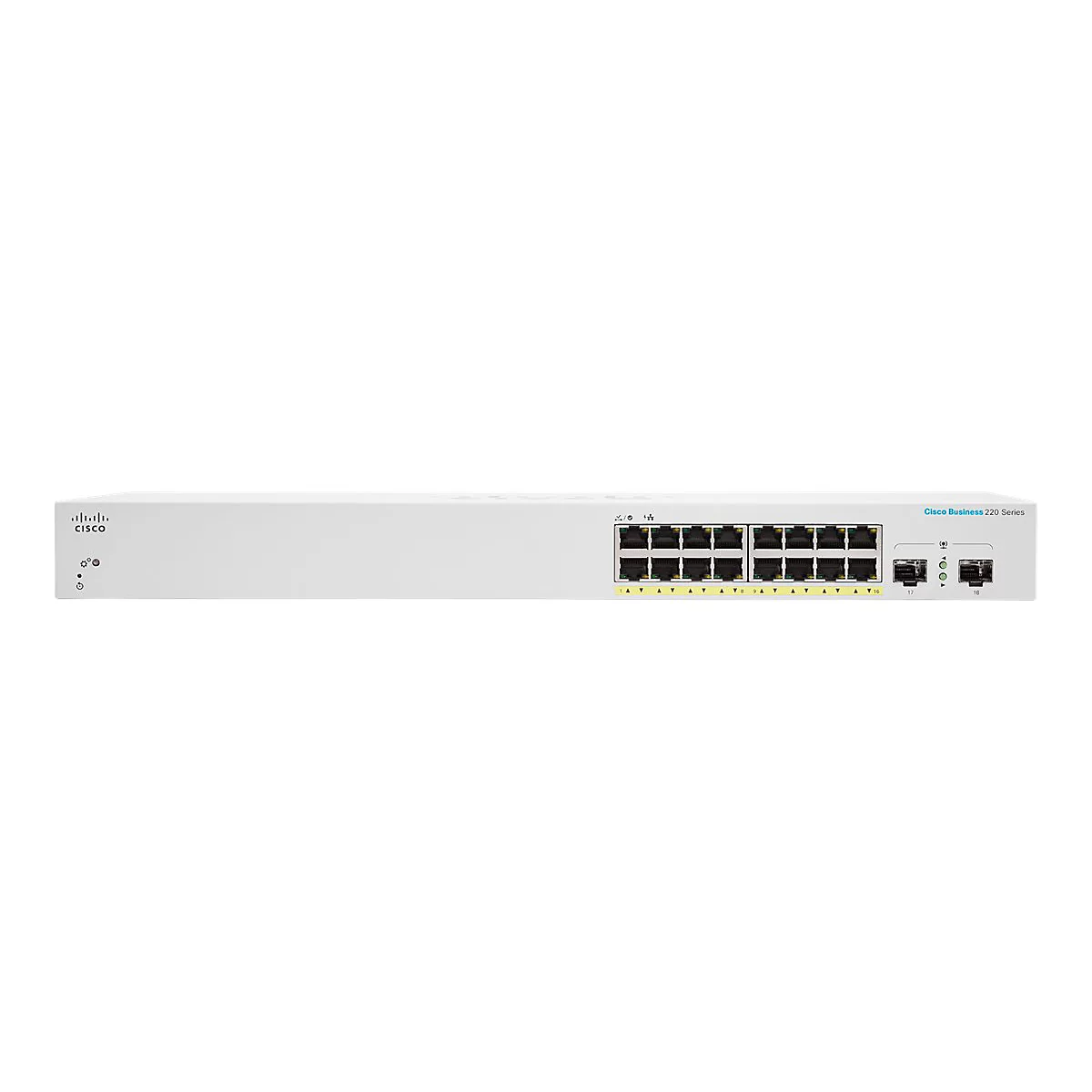 Ein weißer Cisco Business 220 Series Switch mit Anschlüssen und Anzeigen.