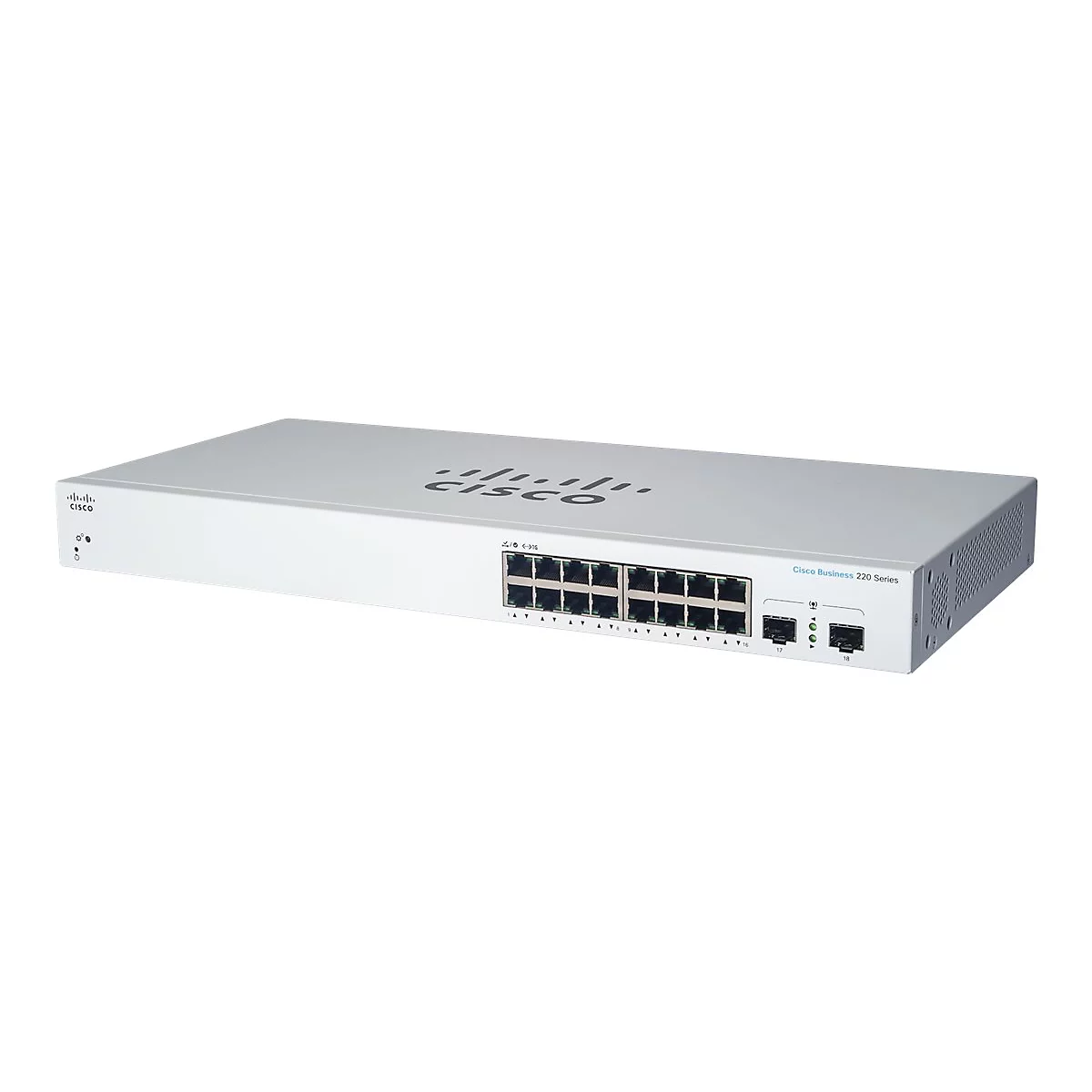 Ein silberfarbener Cisco Switch mit vielen Anschlüssen. Aufschrift: Cisco Business 220 Series.