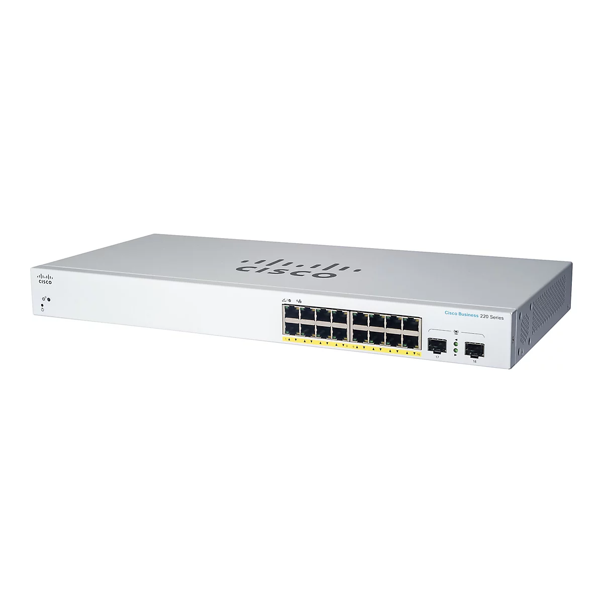 Ein grauer Cisco Business 220 Series Netzwerkswitch vor weißem Hintergrund. Das Gerät zeigt Ports und LEDs, mit Cisco-Logo.