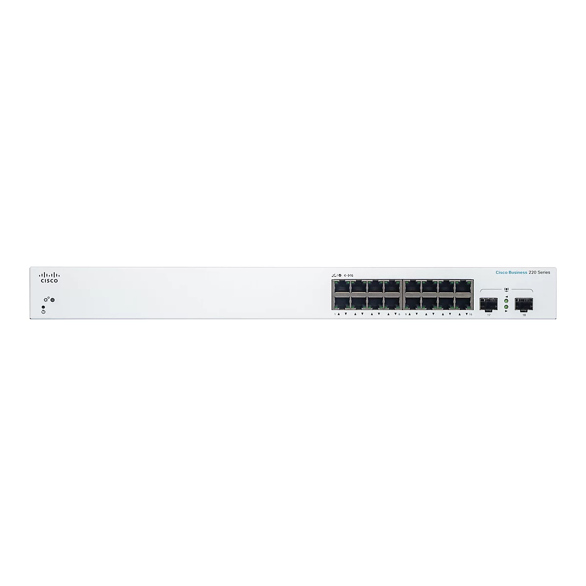 Ein weißer Cisco Netzwerk-Switch mit Ports und Kontrollleuchten. Das Cisco-Logo ist links oben zu sehen. Der Schriftzug "Cisco Business 220 Series" ist rechts platziert.