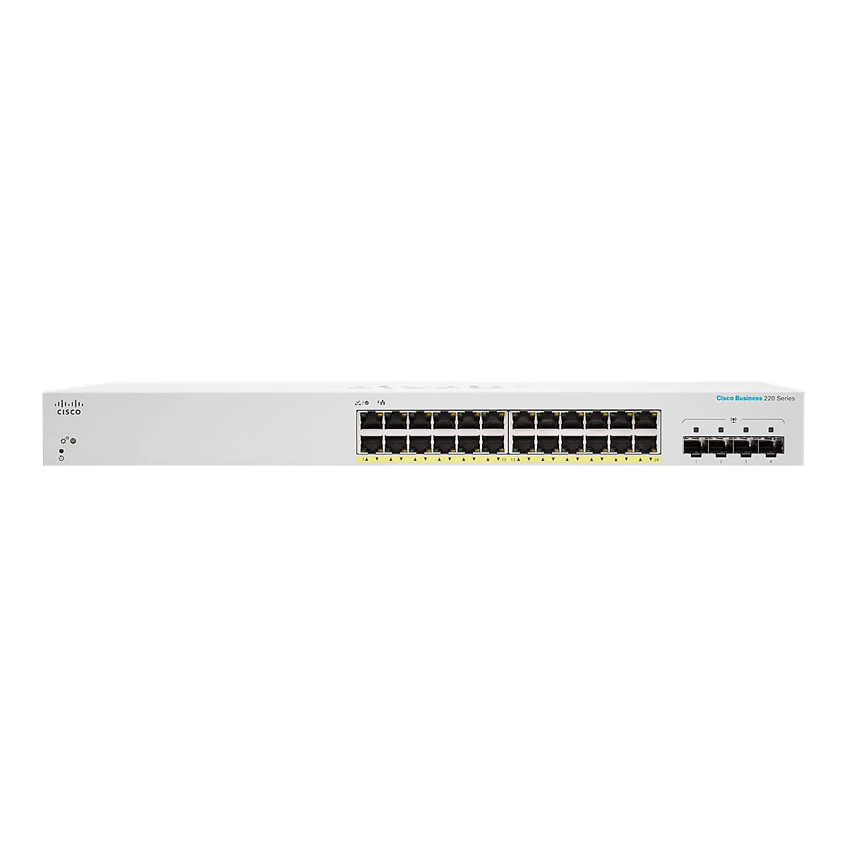 Weißer Cisco Switch mit schwarzen Anschlüssen und der Aufschrift Cisco Business 220 Series.