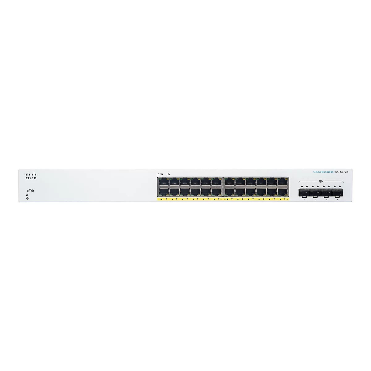 Ein weißer Cisco Netzwerk-Switch mit 24 Ports, gelben LEDs und der Aufschrift "Cisco Business 220 Series".