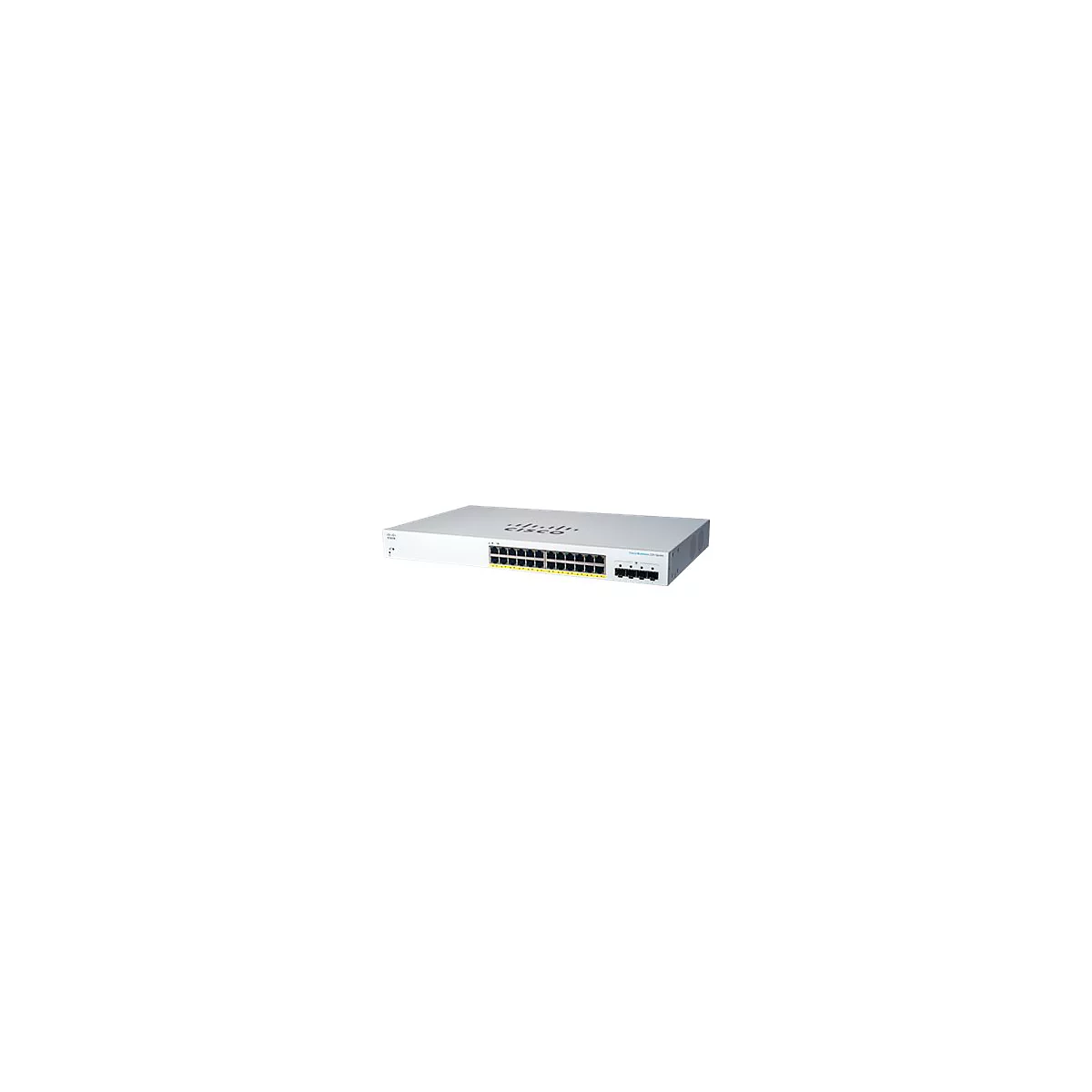 Hellgrauer Cisco Netzwerk Switch, Vorderansicht, Anschlüsse und Logo sichtbar.