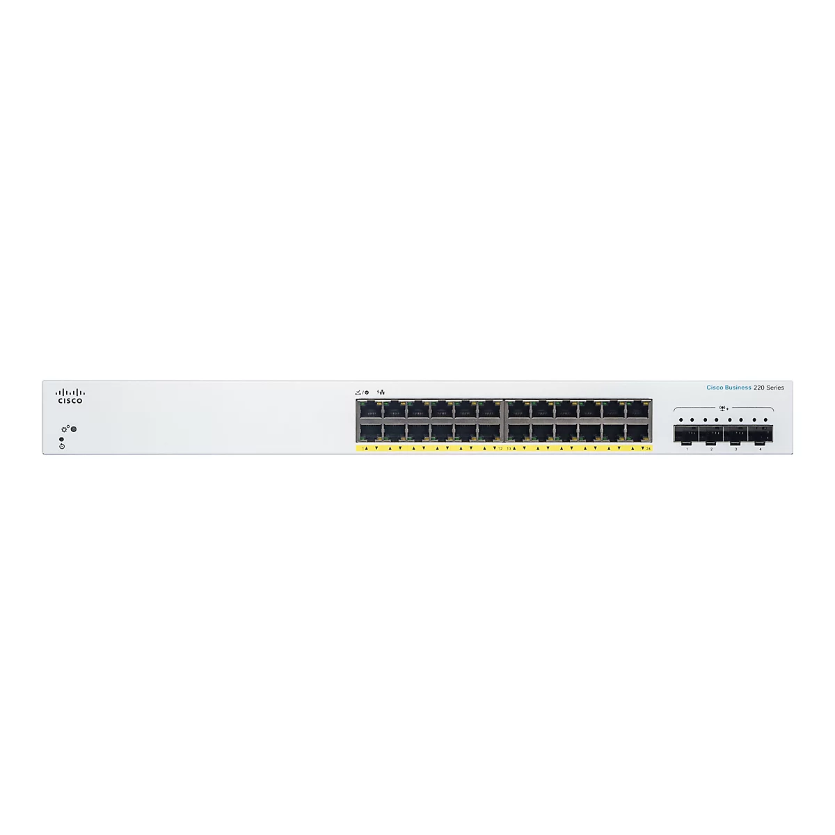 Weißer Netzwerk-Switch der Cisco Business 220 Serie mit Anschlüssen und Anzeigen, vor weißem Hintergrund. Text: Cisco.