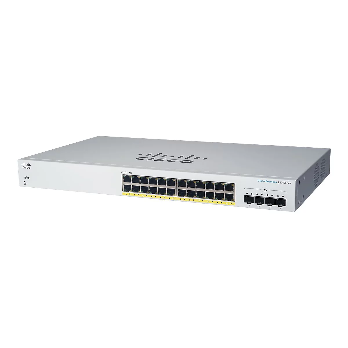 Ein grauer Cisco Business 220 Series Switch, Frontansicht, mit Anschlüssen und Logo auf weißem Hintergrund.