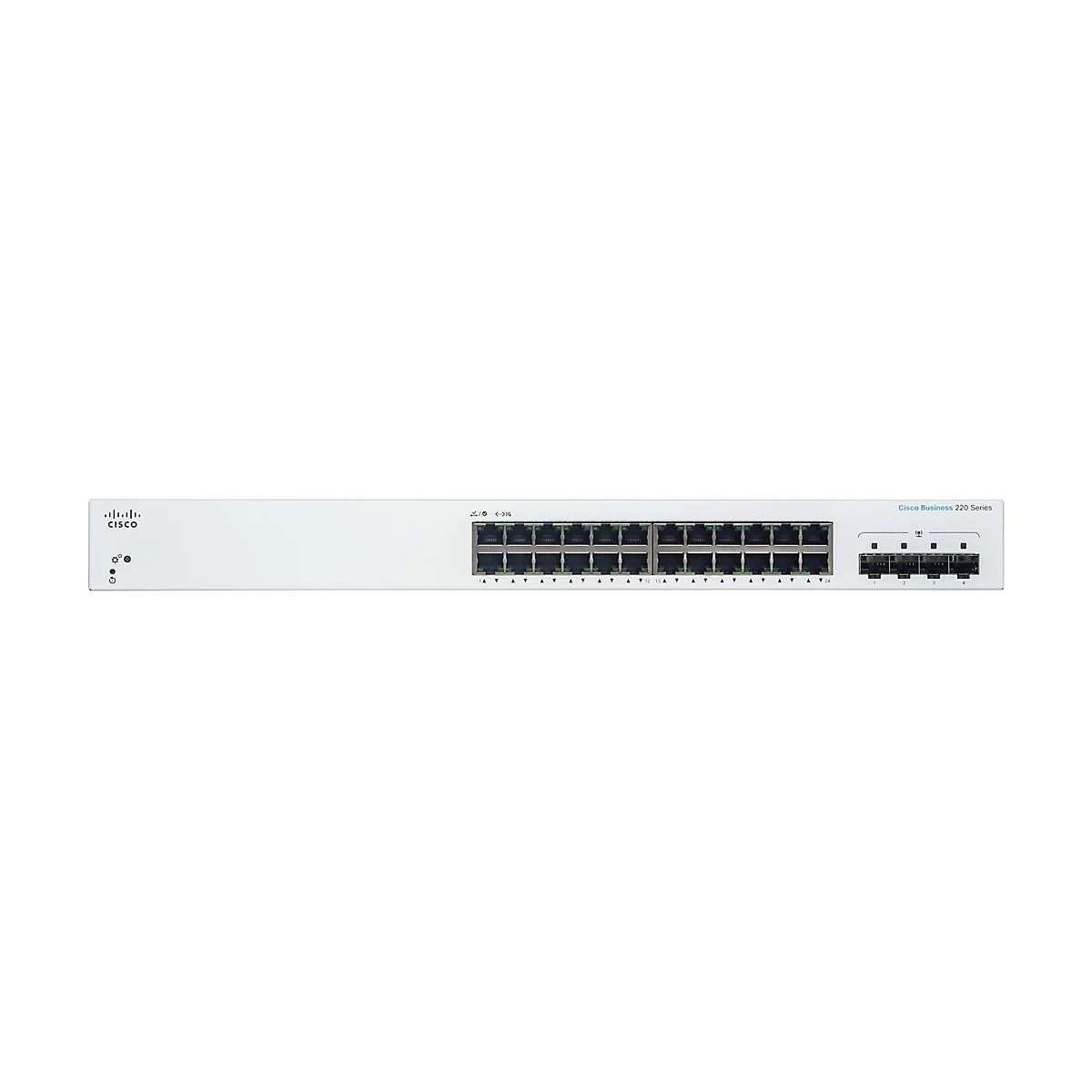 Ein weißer Cisco Business 220 Series Switch, Vorderansicht. Er hat 24 Ethernet-Anschlüsse und Kontrollleuchten.